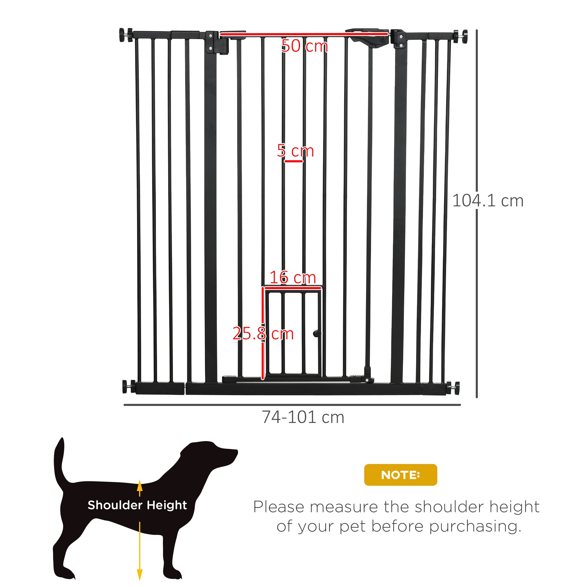 PawHut Extra Tall Pet Gate, Indoor Dog Safety Gate, with Cat Flap, Auto Close, 74-101cm Wide - Black - North Peak Garden Furniture