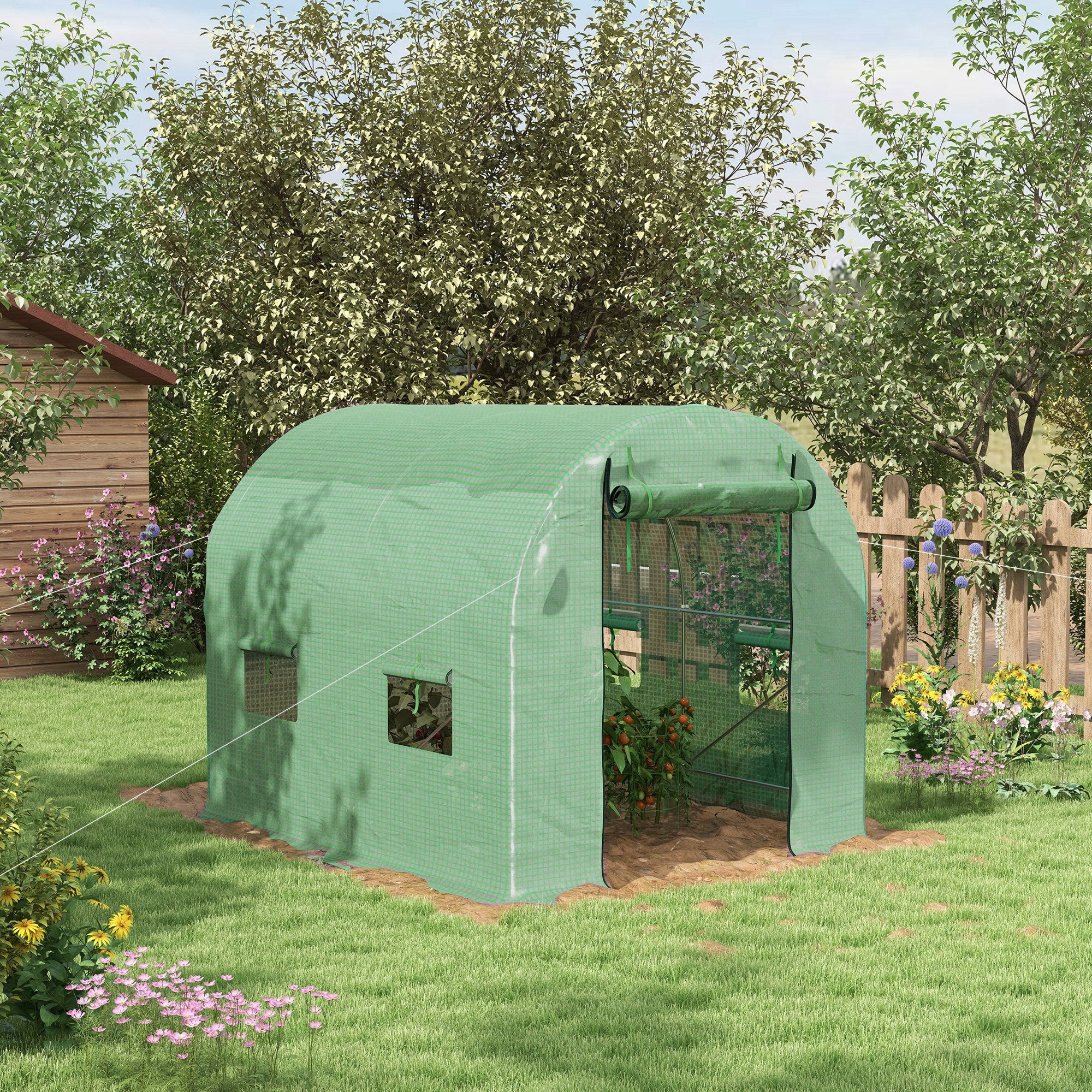 Outsunny Walk-In Garden Polytunnel Greenhouse with Steel Frame, PE Cover, Roll-Up Door and 4 Windows, 2.5 x 2m, Green - North Peak Garden Furniture