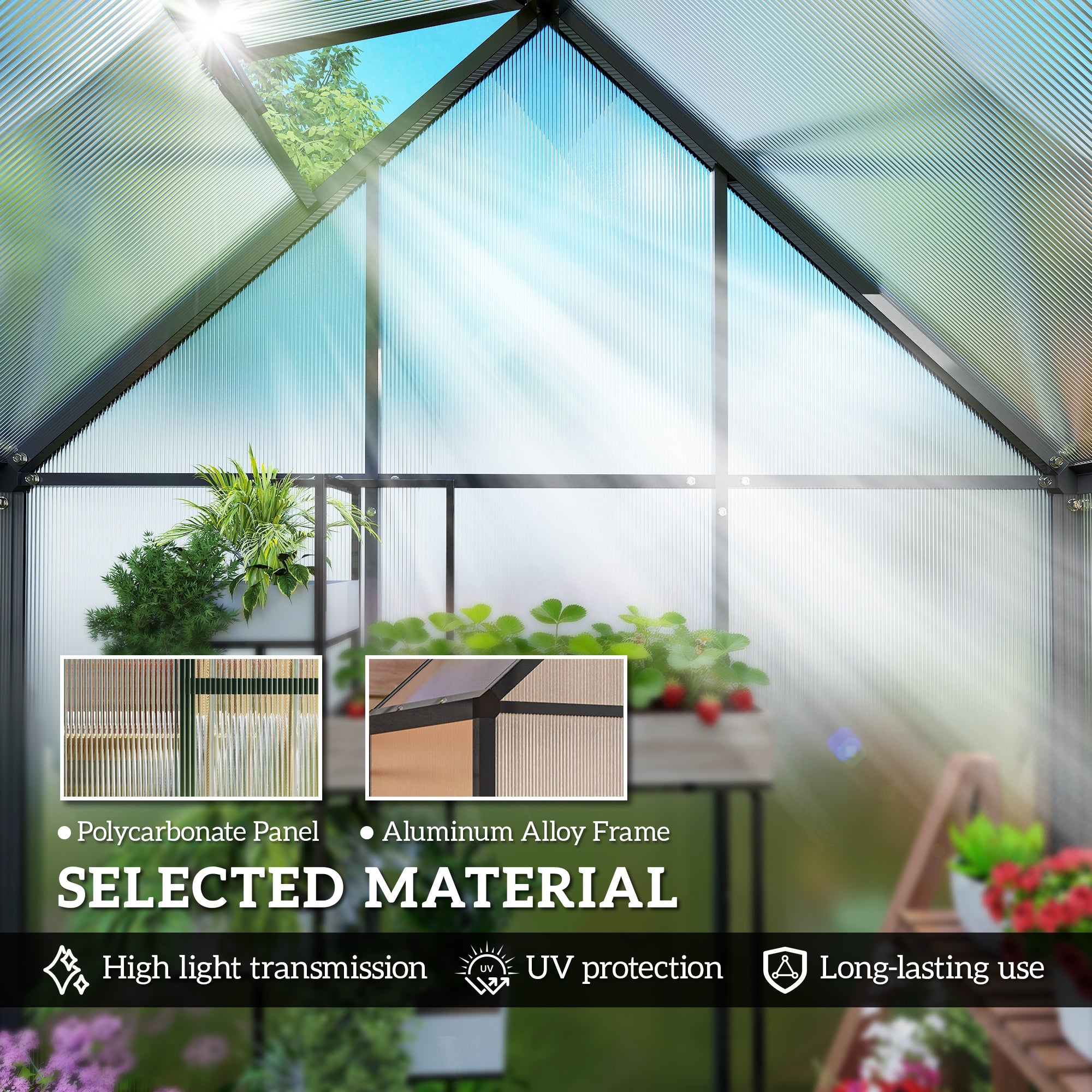 Outsunny 5.5 x 2ft Polycarbonate Greenhouse, Quick Setup Walk in Green House, Push Door, Adjustable Roof Vent, Rain Gutter, Black