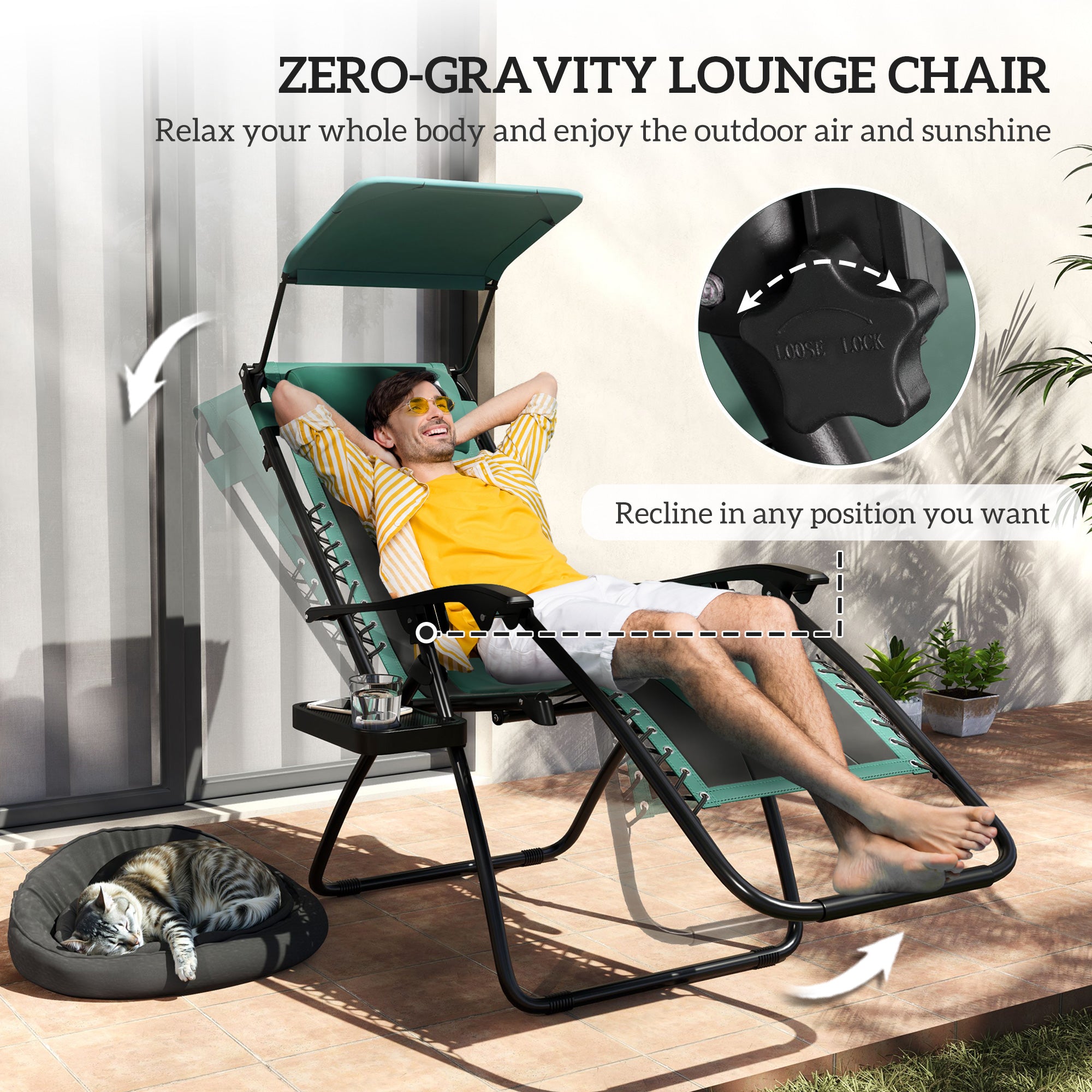 Outsunny Zero Gravity Lounger Chair Set of 2, Folding Reclining Patio Chair with Shade Cover, Padded Seat, Cup Holder, Soft Cushion and Headrest for Poolside, Camping, Green - North Peak Garden Furniture