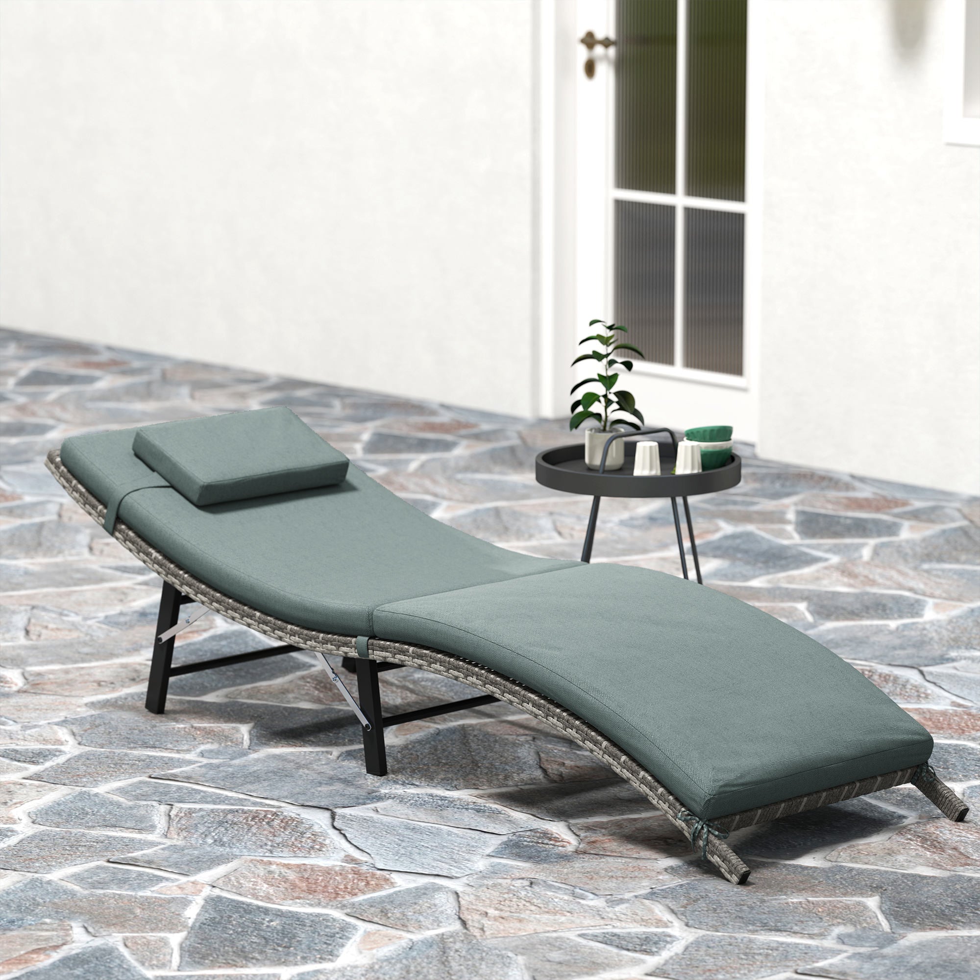Outsunny Rattan Folding Sun Lounger Outdoor Chair with Cushion and Pillow Mixed Grey - North Peak Garden Furniture