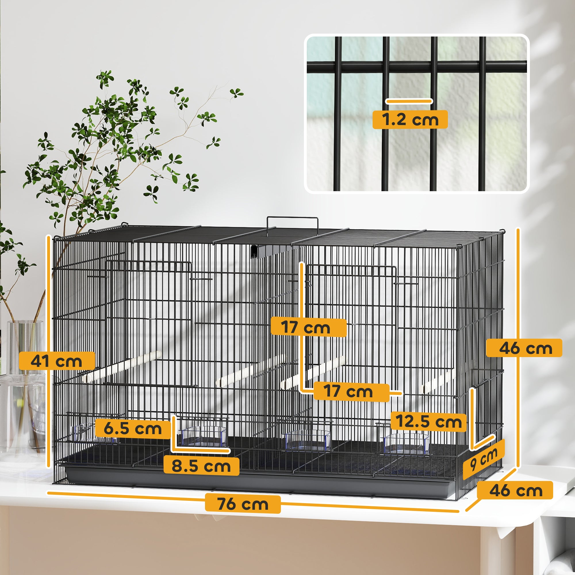 PawHut Bird Cage with Divider, 4 Wooden Perches, Slide Out Tray, 4 Feeders, for Budgie, Lovebird, Canary, 76 x 46 x 46cm, Black - North Peak Garden Furniture