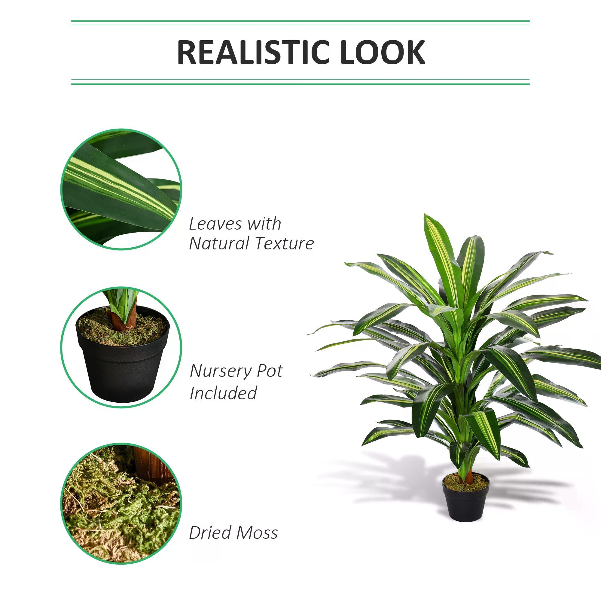 Outsunny 110cm/3.6FT Artificial Dracaena Tree Decorative Plant 40 Leaves with Nursery Pot, Fake Tropical Tree for Indoor Outdoor Décor