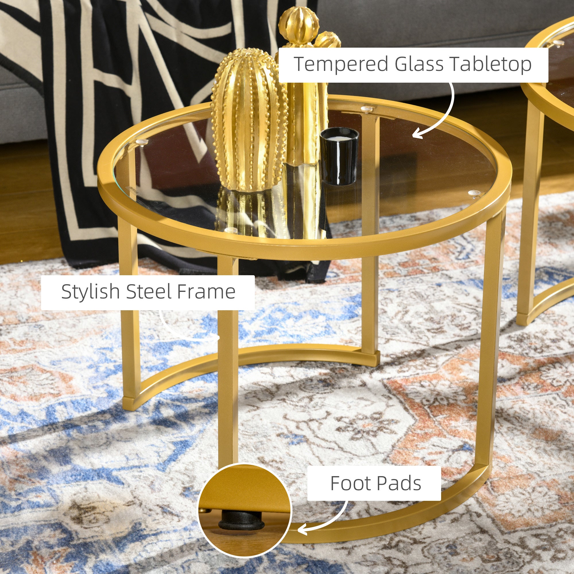 HOMCOM Coffee Table Set of 2, Modern Nest of Tables with Tempered Glass Top, Steel Frame for Living Room, Gold Tone - North Peak Garden Furniture