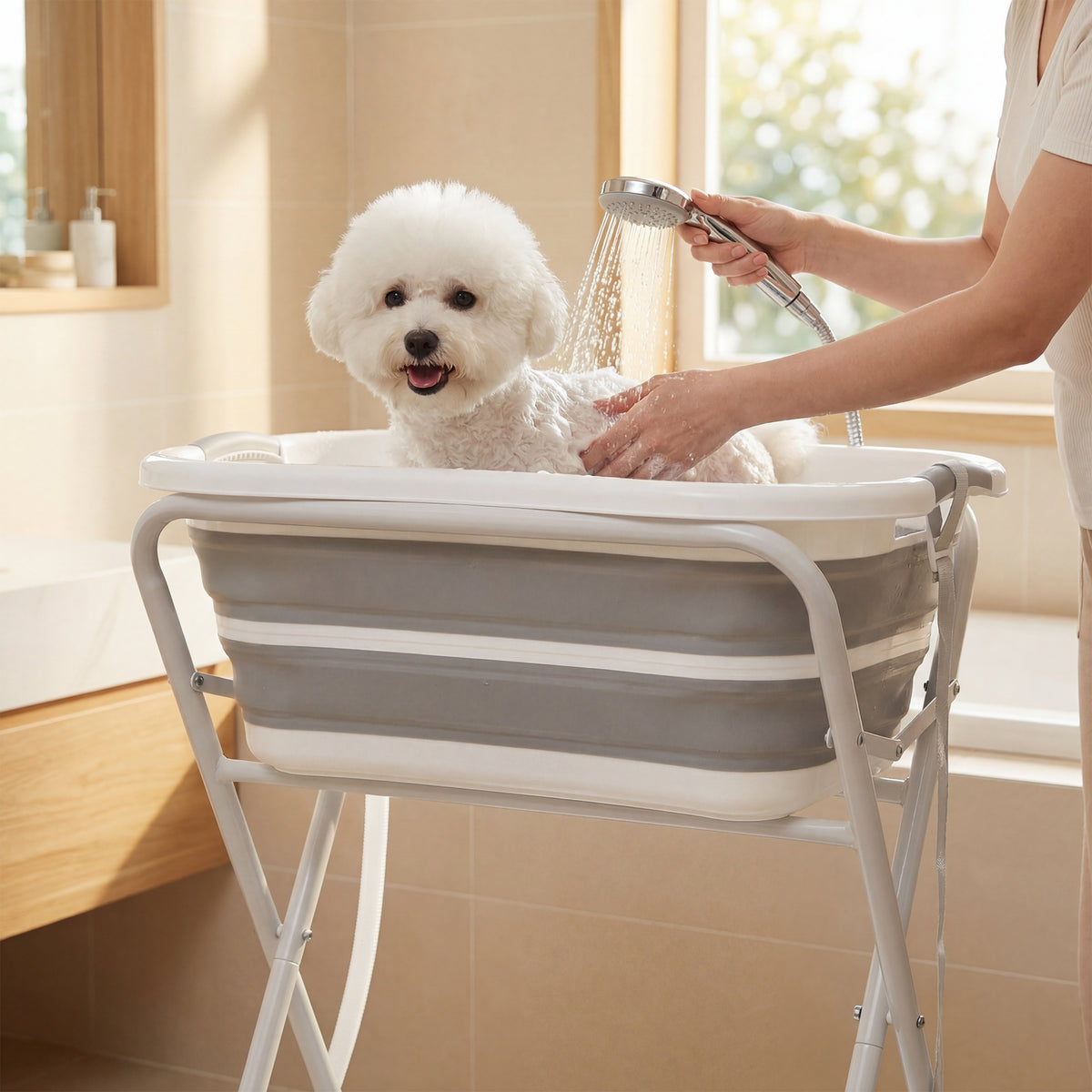 PawHut Dog Bath Tub, Portable Foldable Dog Bathtub with Stand, Drainage Hole, for Small Dogs Puppies Grey