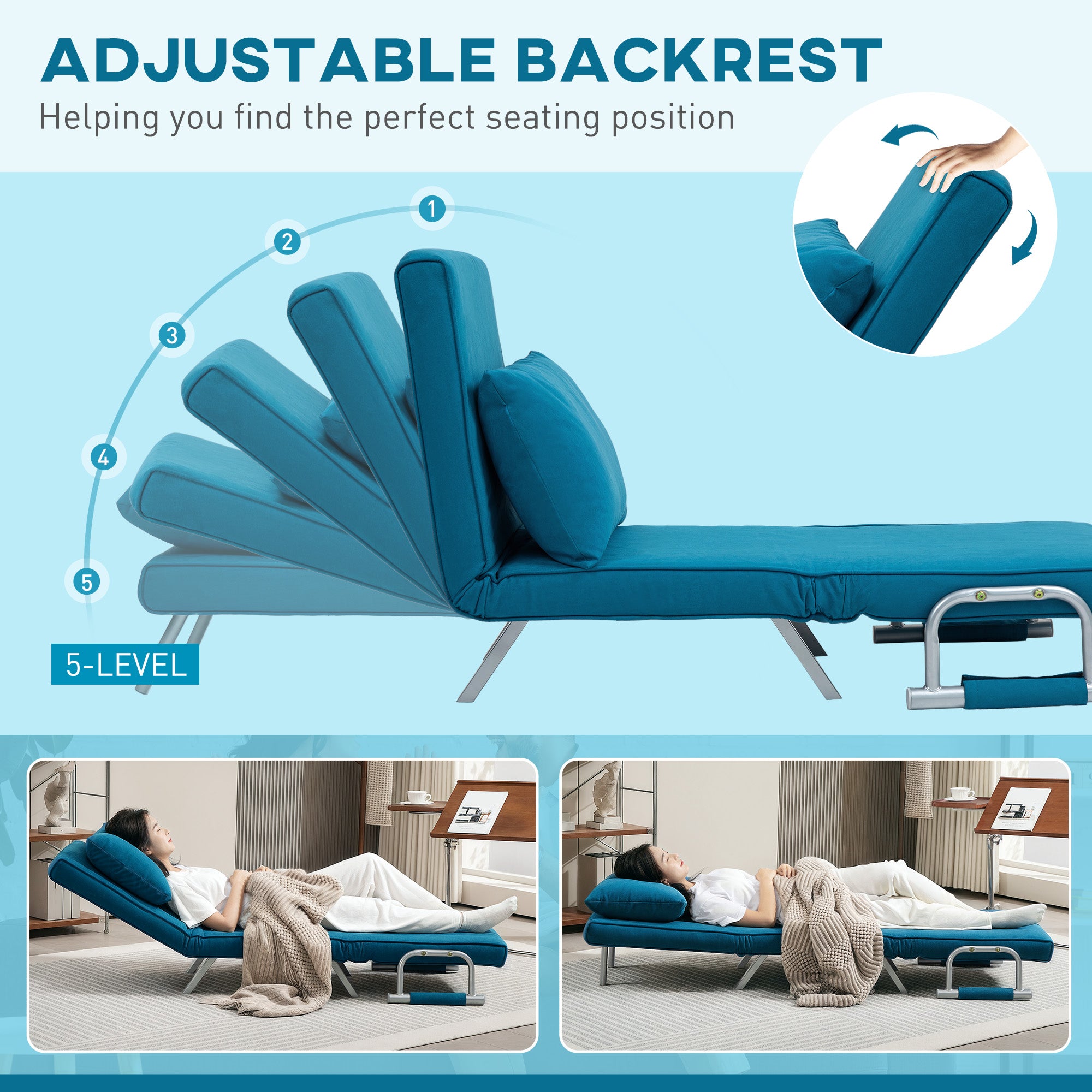 HOMCOM 4-in-1 Faux Suede Chair Bed - Blue - North Peak Garden Furniture