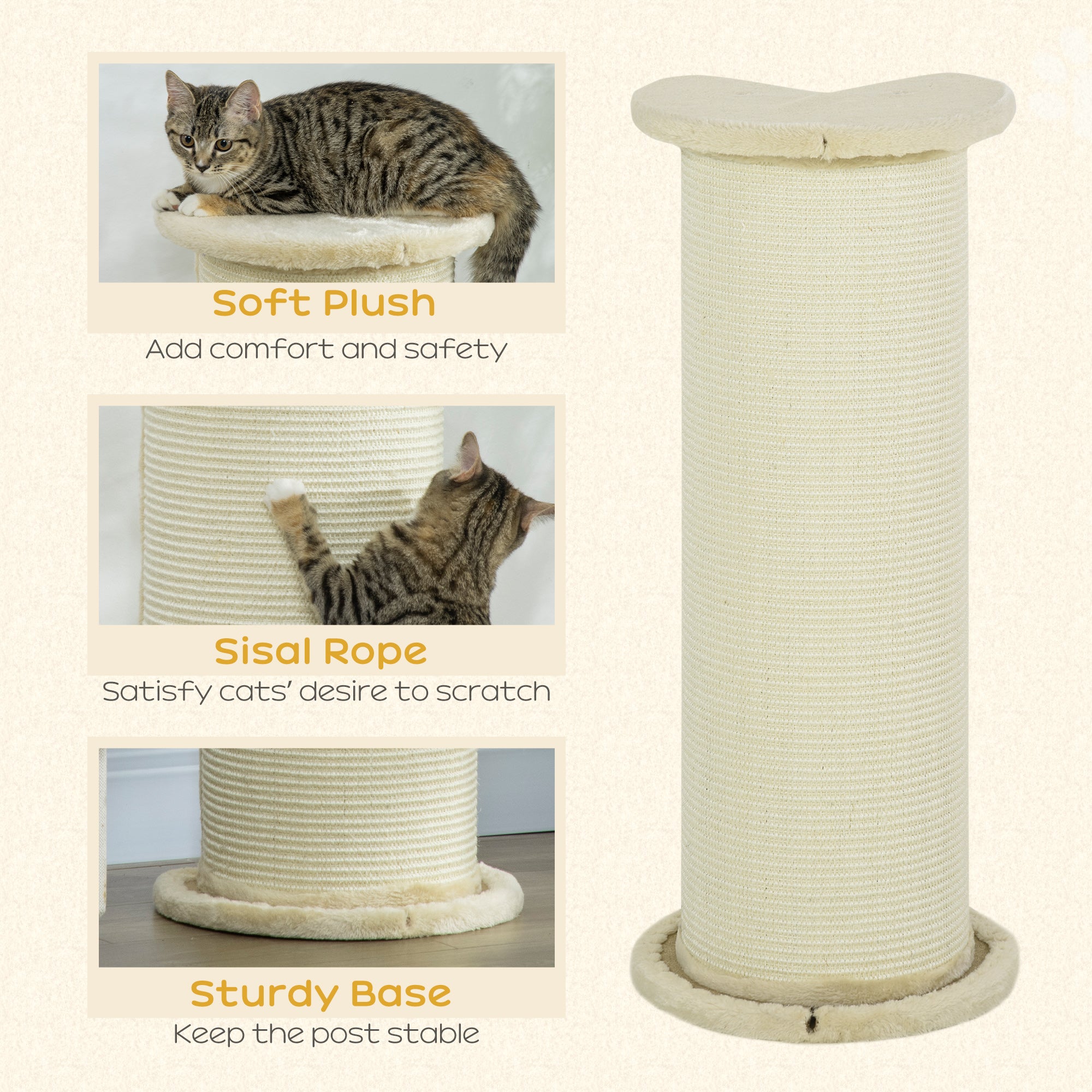 PawHut 85cm Tall Cat Scratching Post, with Sisal Rope, Soft Plush, Anti Tip - Beige - North Peak Garden Furniture