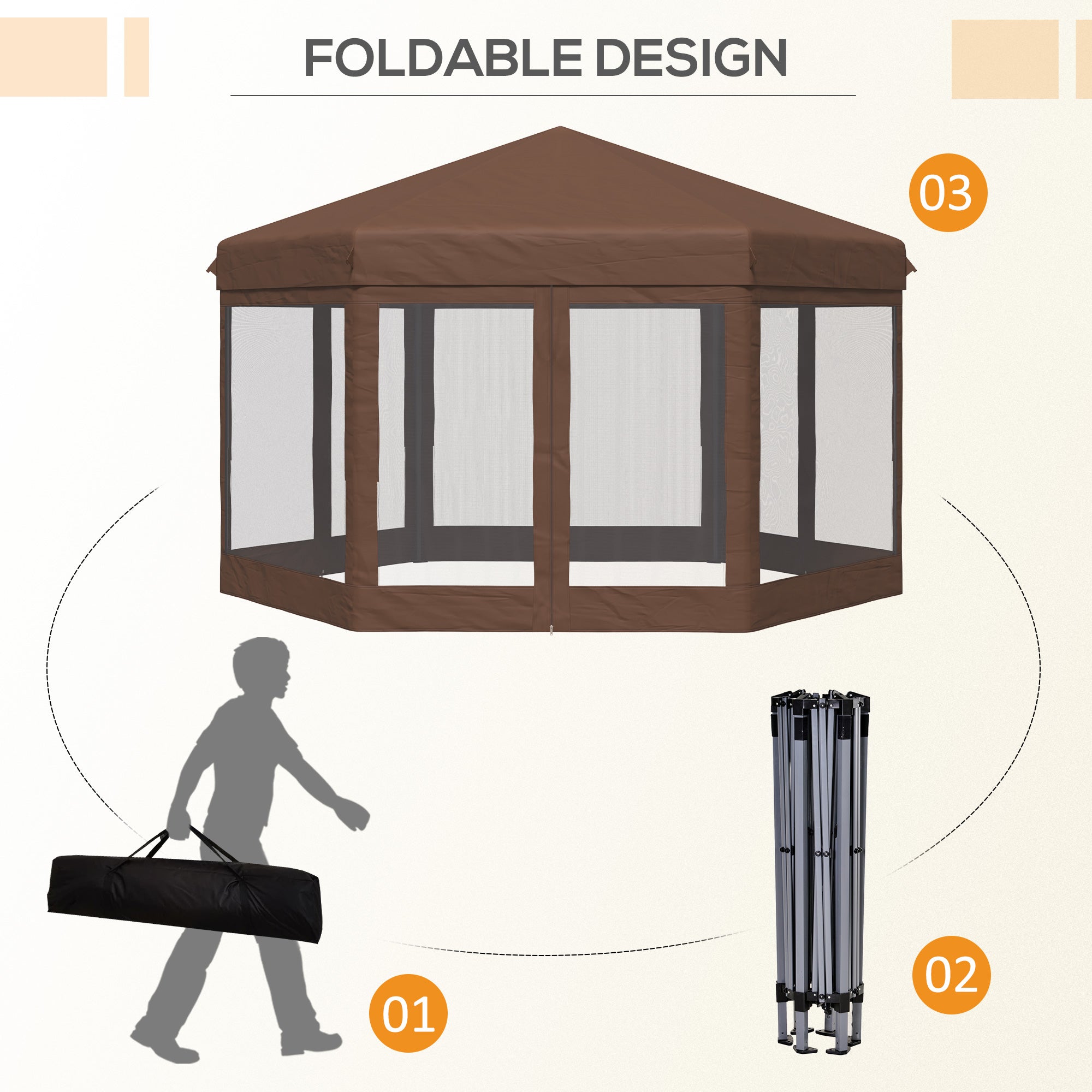 Outsunny 3.5m x 4m Hexagonal Pop Up Gazebo, Canopy Tent Sun Shelter for Patio Outdoor Party, Height Adjustable, with Mosquito Netting and Carry Bag - Brown - North Peak Garden Furniture