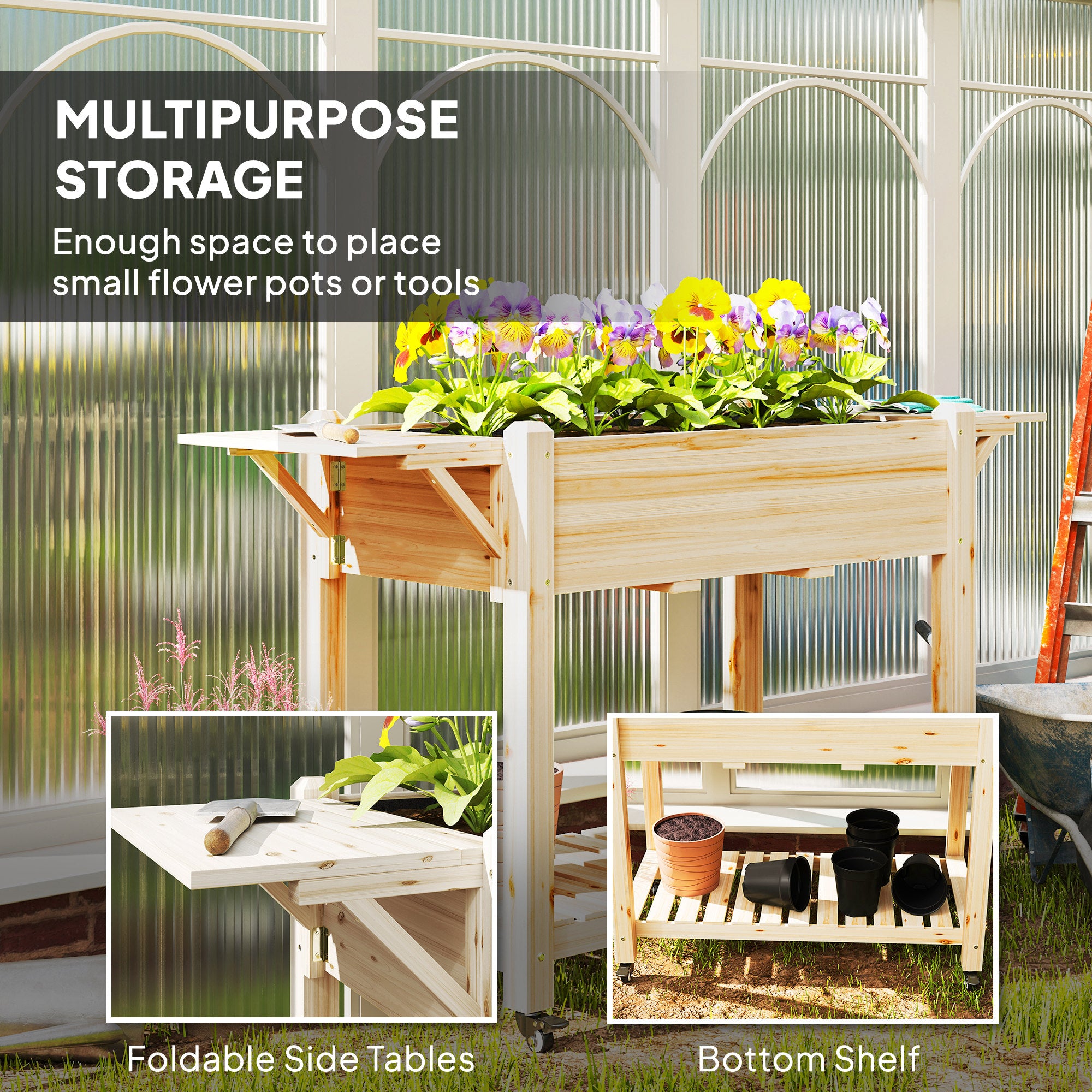Outsunny 46 x 94cm Wooden Raised Planter, with Shelves - Natural Finish
