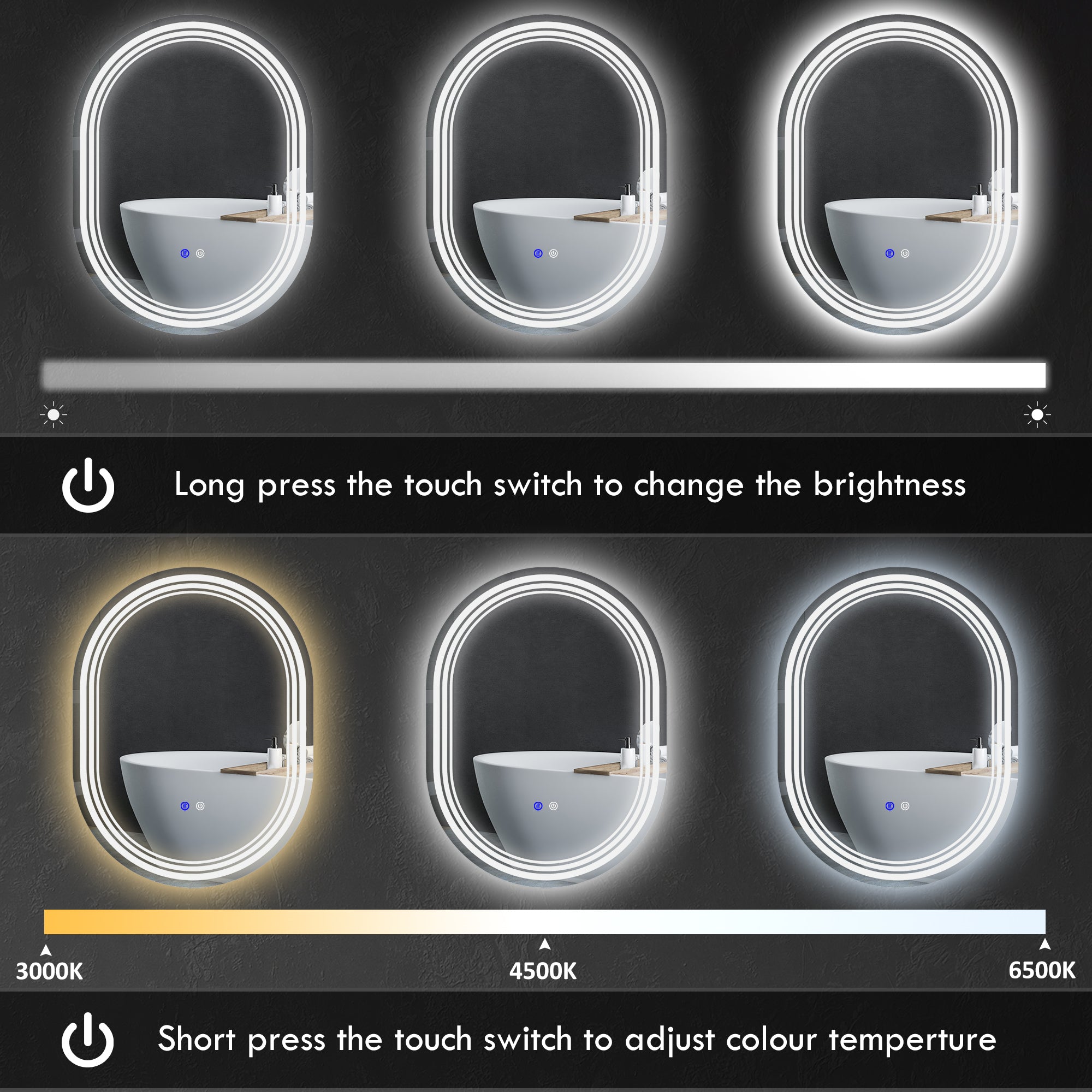 kleankin 700 x 500mm Bathroom Mirror with LED Lights Makeup Mirror with Anti-fog Touch, Switch, Vertical or Horizontal - North Peak Garden Furniture