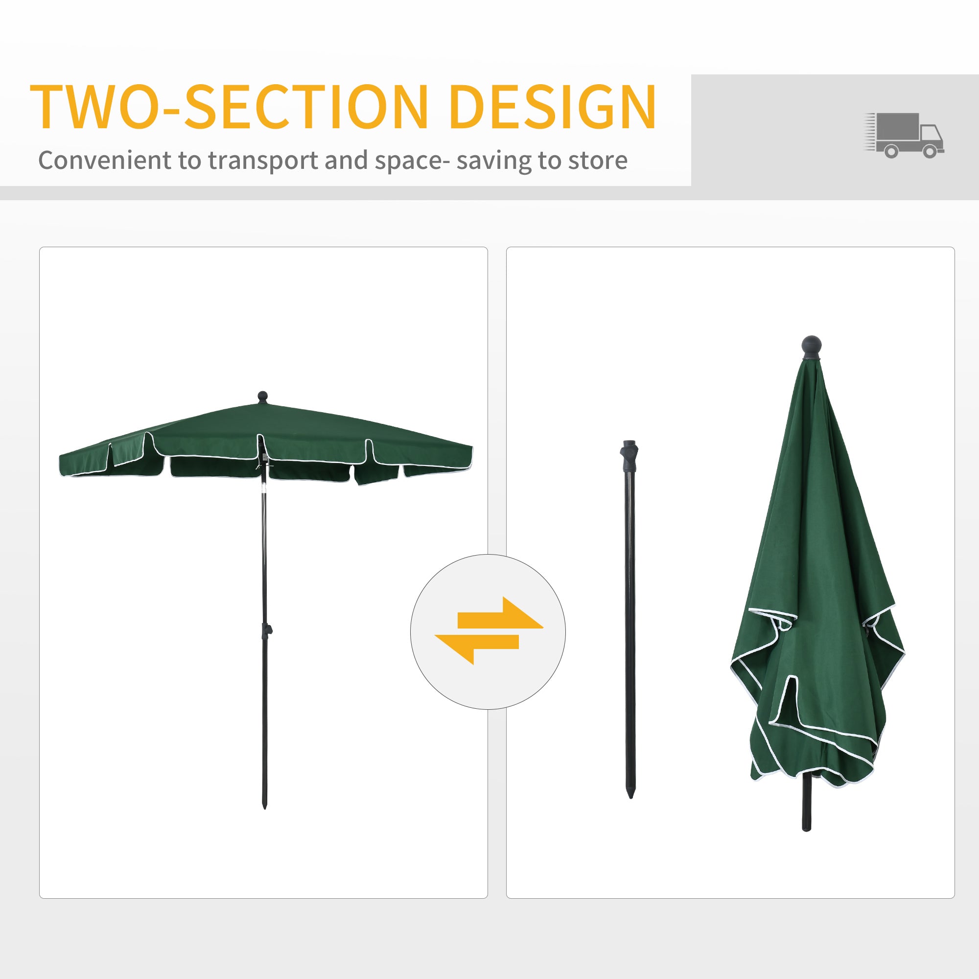 Outsunny Garden Parasol Umbrella, Outdoor Market Table Umbrella with Ruffles & Aluminium Pole, Rectangular Tilting Parasol Sun Shade Canopy, 2 x 1.3m, Green - North Peak Garden Furniture