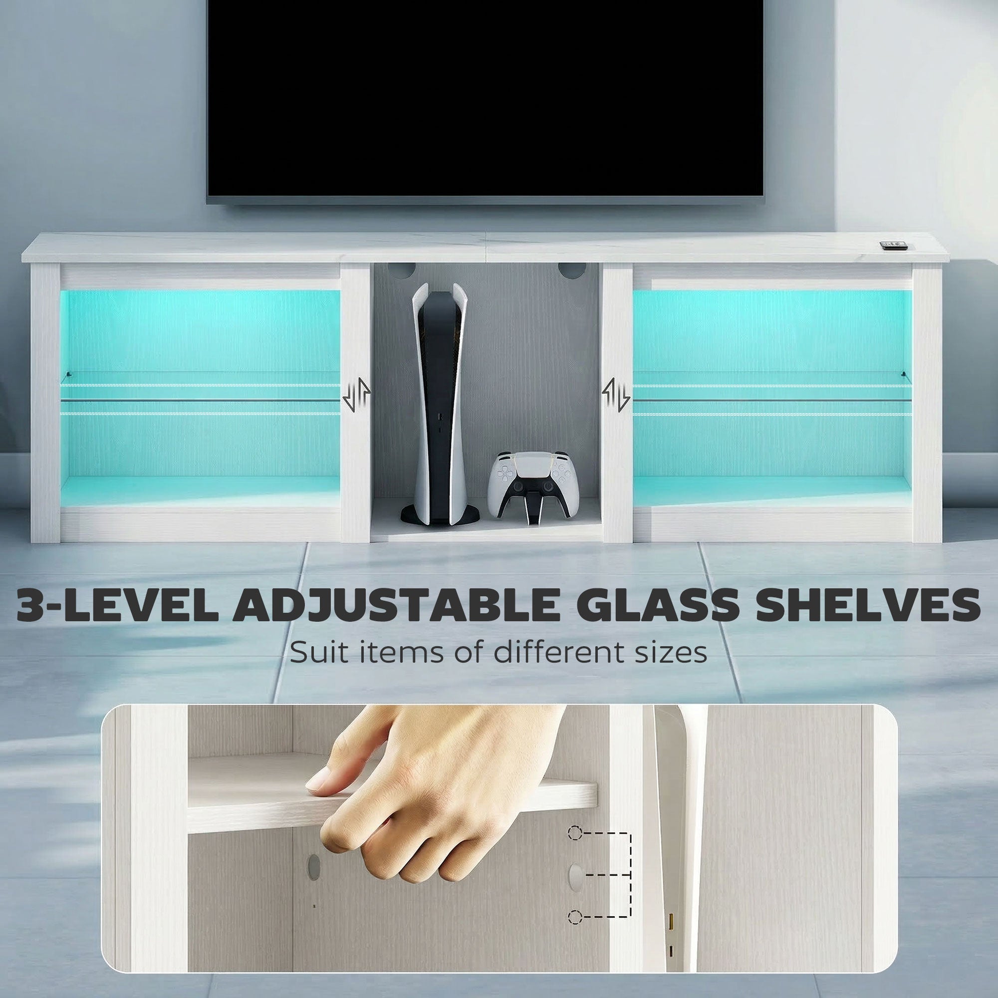 HOMCOM 70" TV Stand, with LED Lights and Storage - White