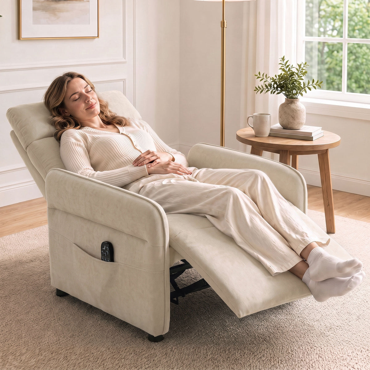 HOMCOM Recliner Armchair, Push Back Recliner Chair with Massage & Heat, Adjustable Armrests, Dual Side Pockets, Beige