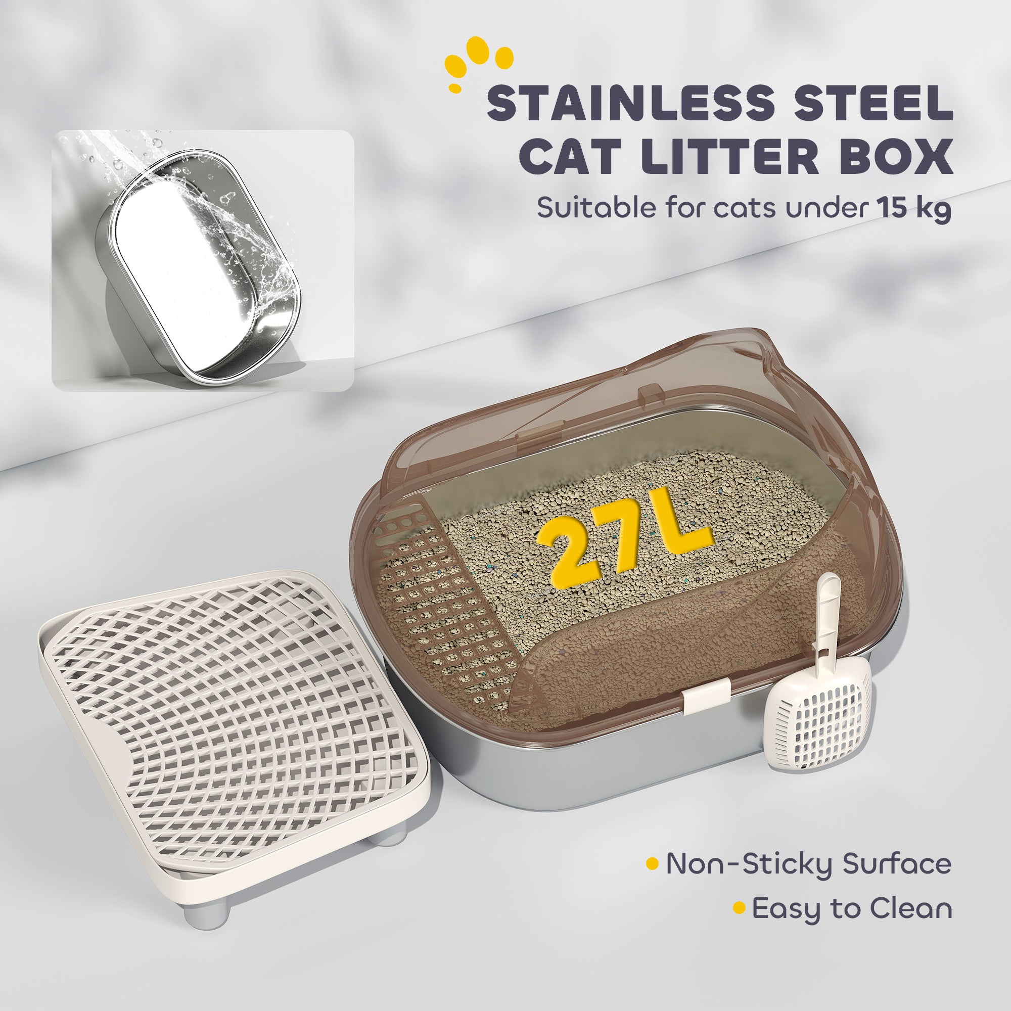 PawHut Stainless Steel Litter Box with Lid, High Wall Sided Enclosure, Pedal, Scoop, Non-Sticky, Anti-Leakage, Easy Cleaning - North Peak Garden Furniture