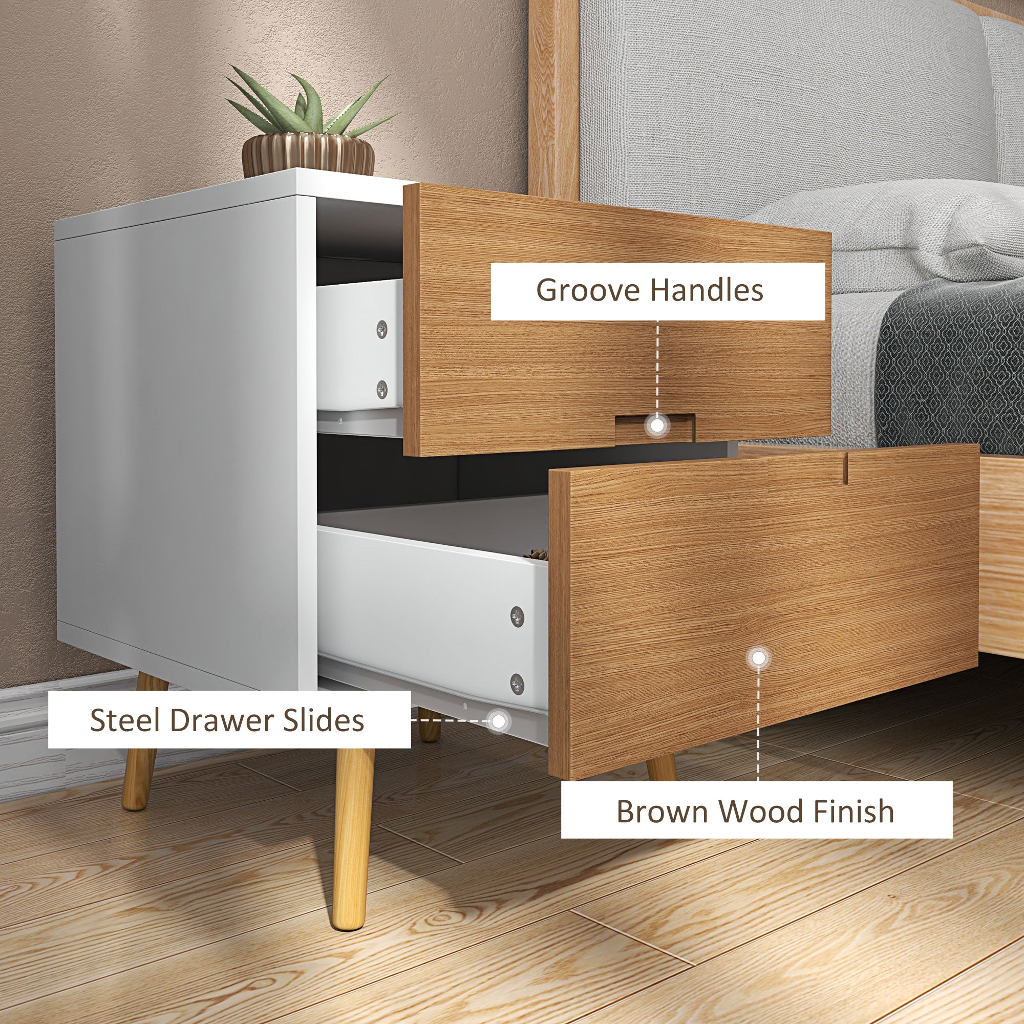 HOMCOM Wood Effect Wto-Drawer Bedside Table - Brown/White