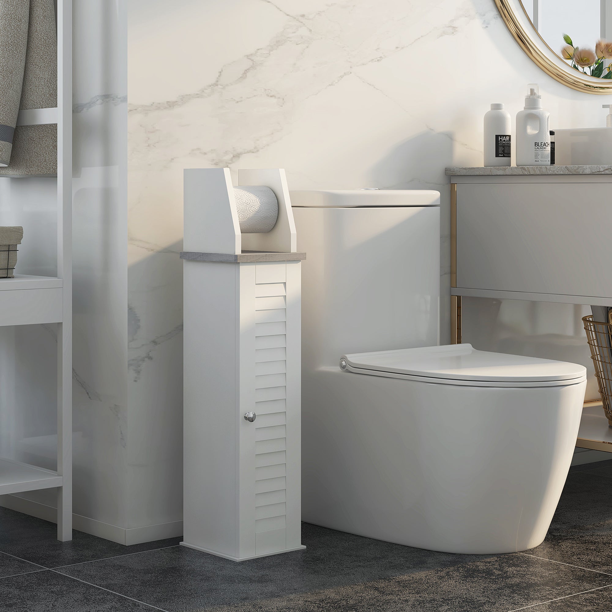 kleankin Slim Bathroom Floor Cabinet with Cupboard, Roll Holder and Adjustable Shelf, Toilet Roll Storage Unit for Toilet Paper, Shampoo, White - North Peak Garden Furniture