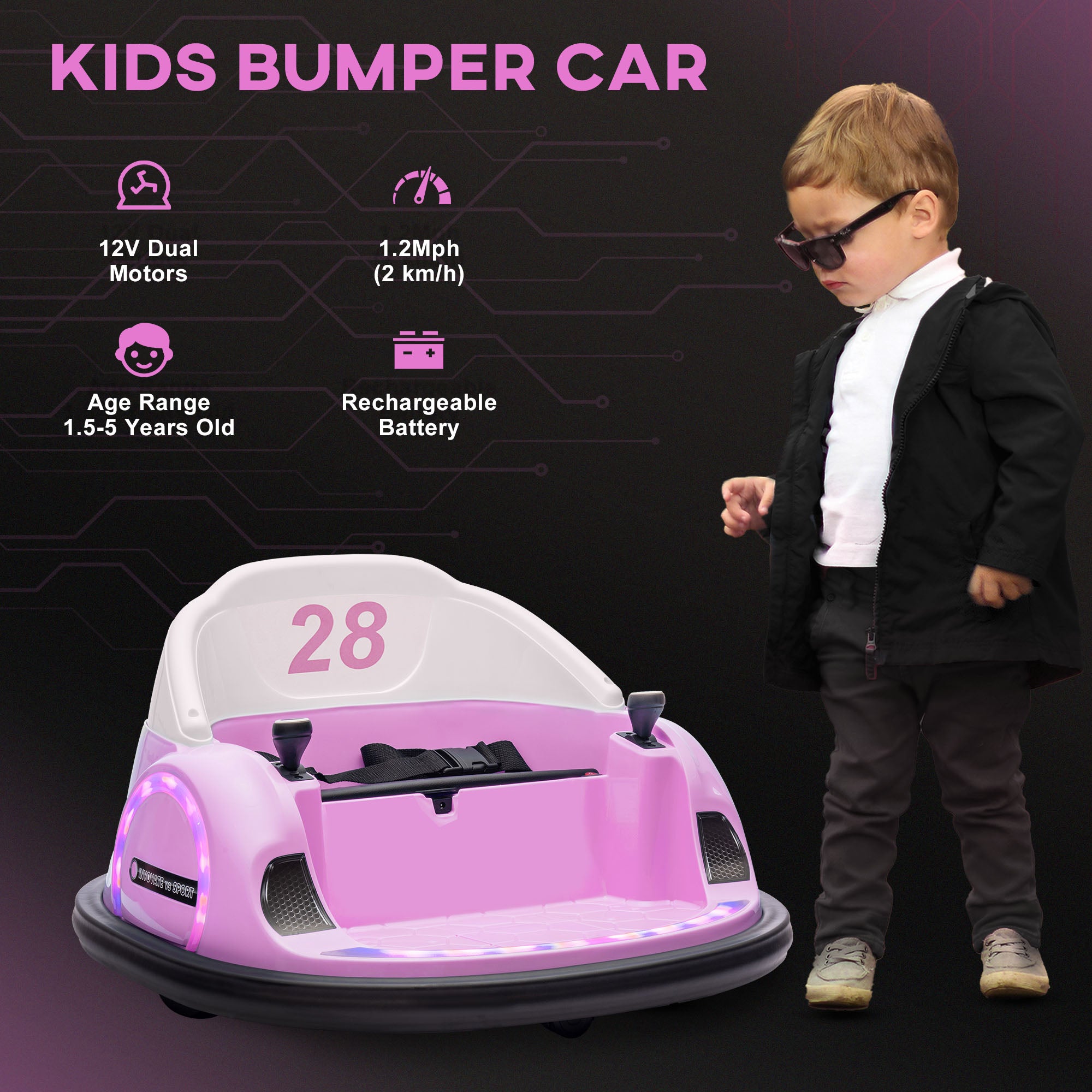 AIYAPLAY 360° Rotation Kids Bumper Car, 12V Waltz Car with Remote Control, Dual Joystick, Music, Lights, Pink