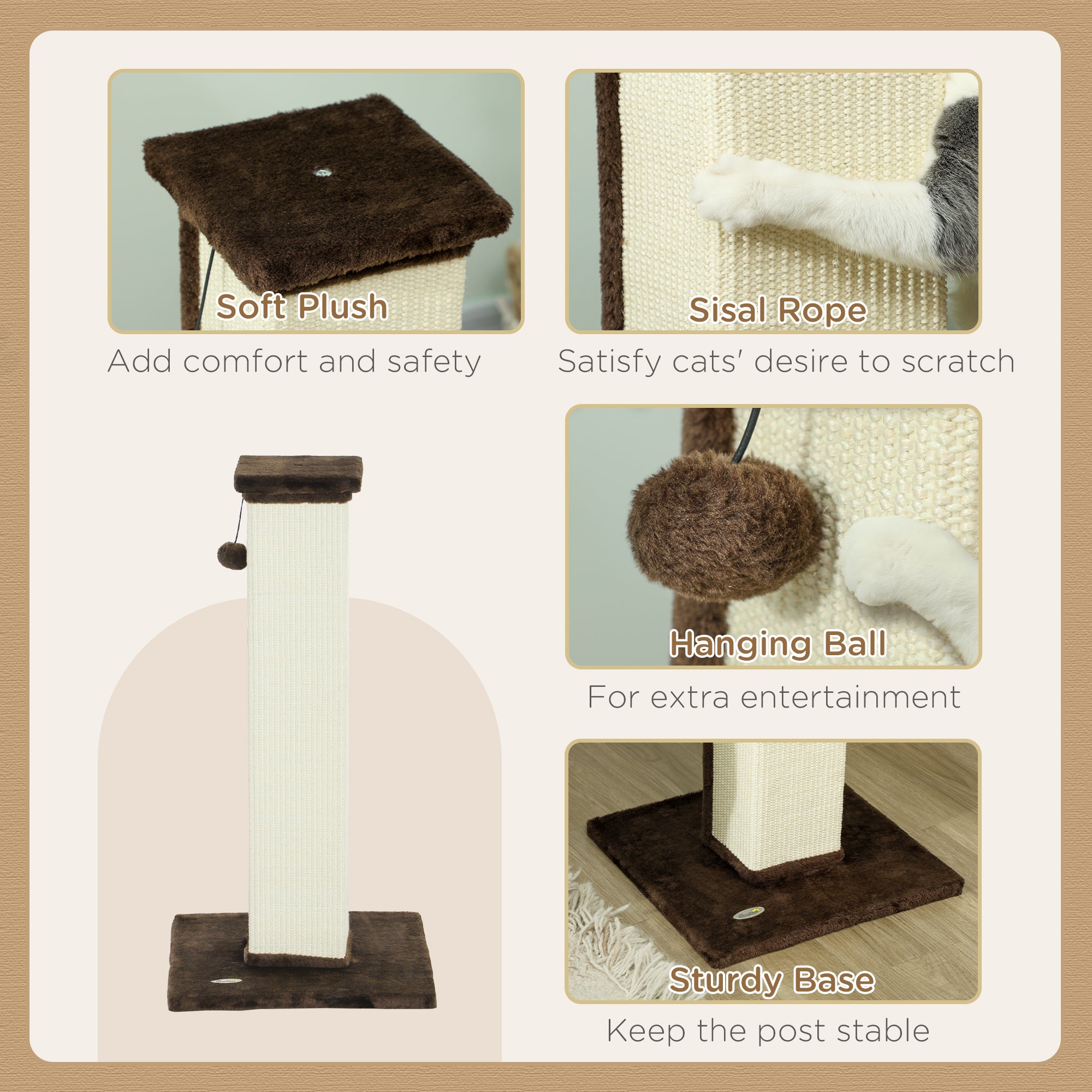 PawHut 81cm Cat Scratcher, Vertical Full Scratcher w/ Natural Sisal Rope, Hanging Ball, Soft Plush - Brown - North Peak Garden Furniture