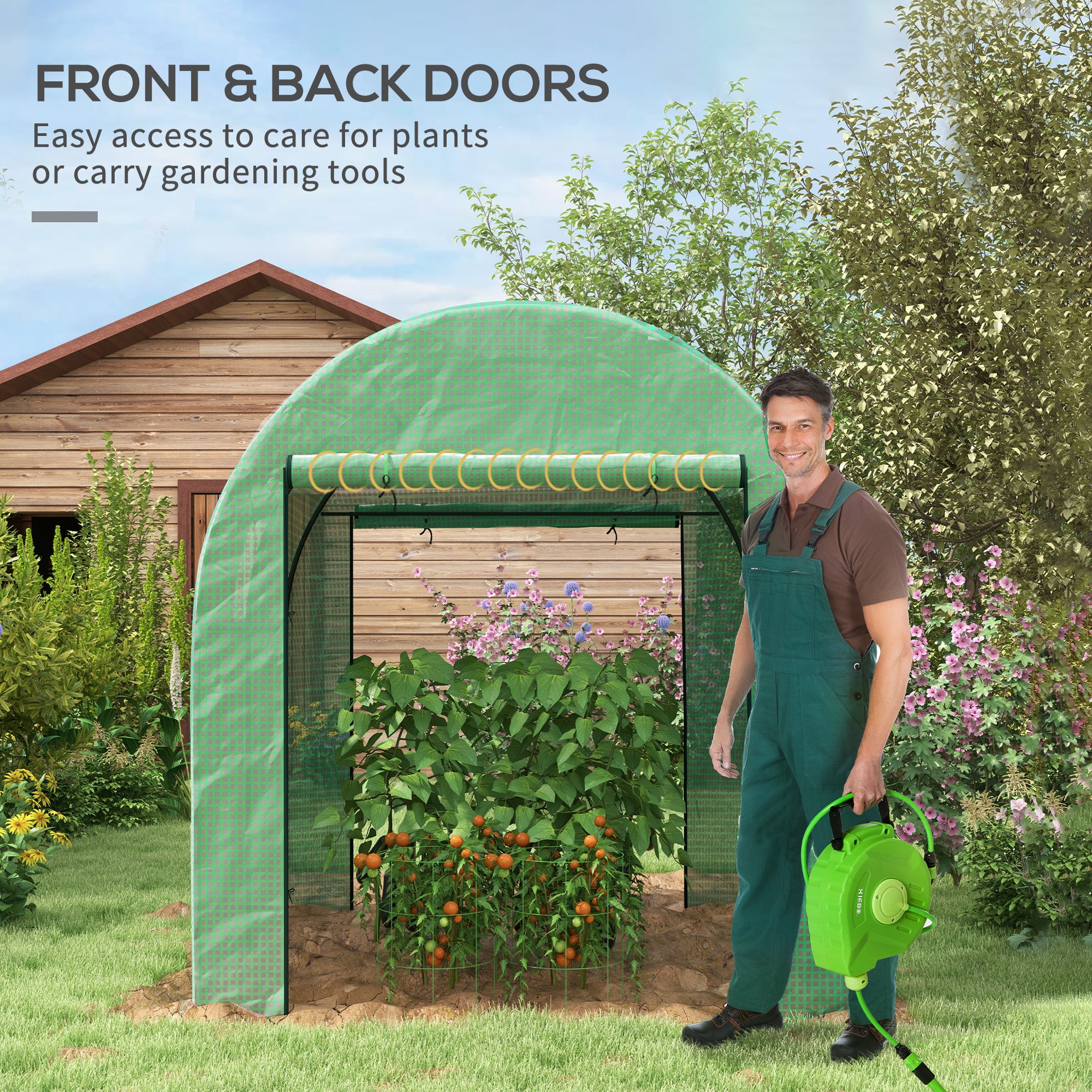 Outsunny Polytunnel Greenhouse Walk-in Grow House with UV-resistant PE Cover, Doors and Mesh Windows, 1.8 x 1.8 x 2m, Green - North Peak Garden Furniture
