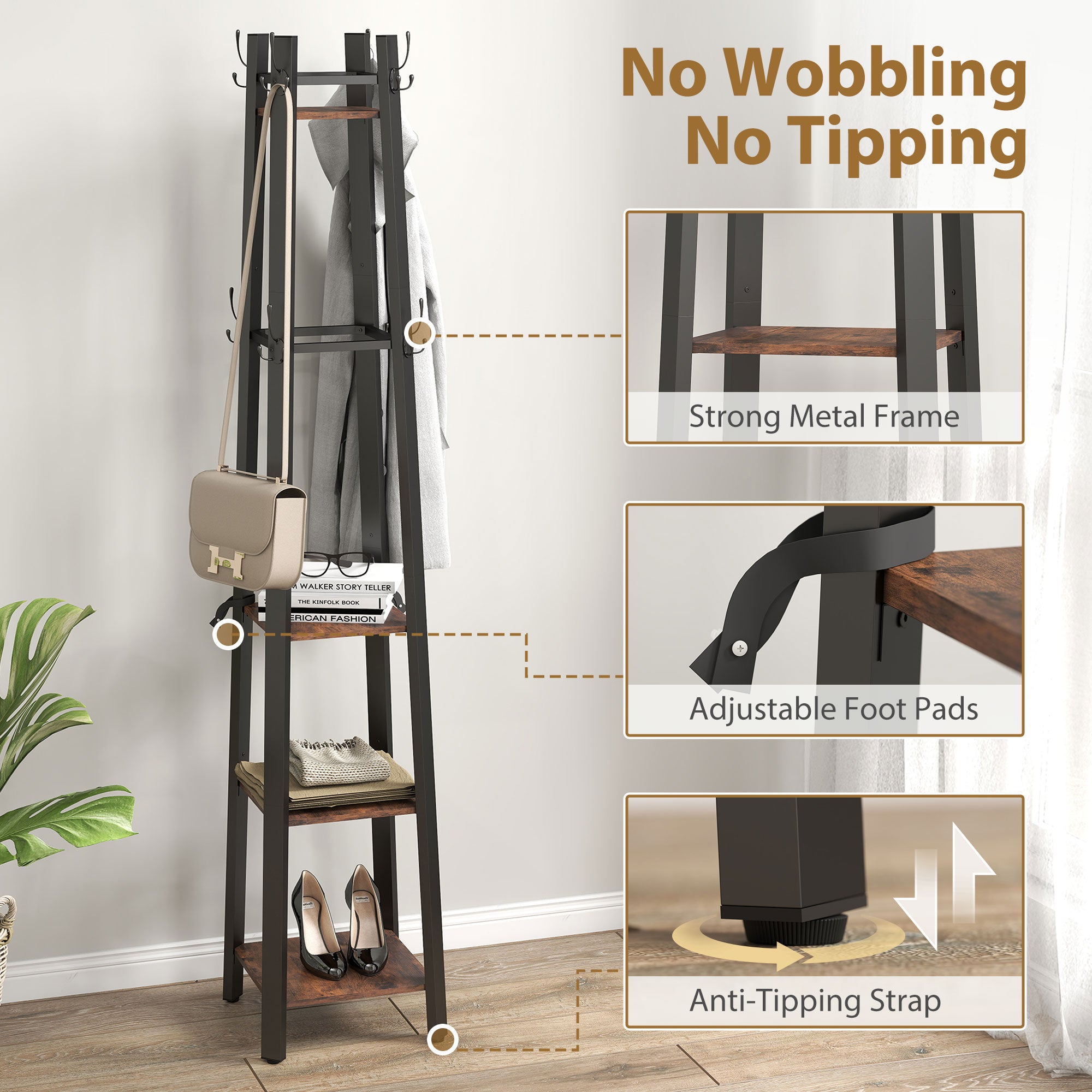 HOMCOM Industrial Coat Stand with 8 Hooks and 4 Shelves - Rustic Brown