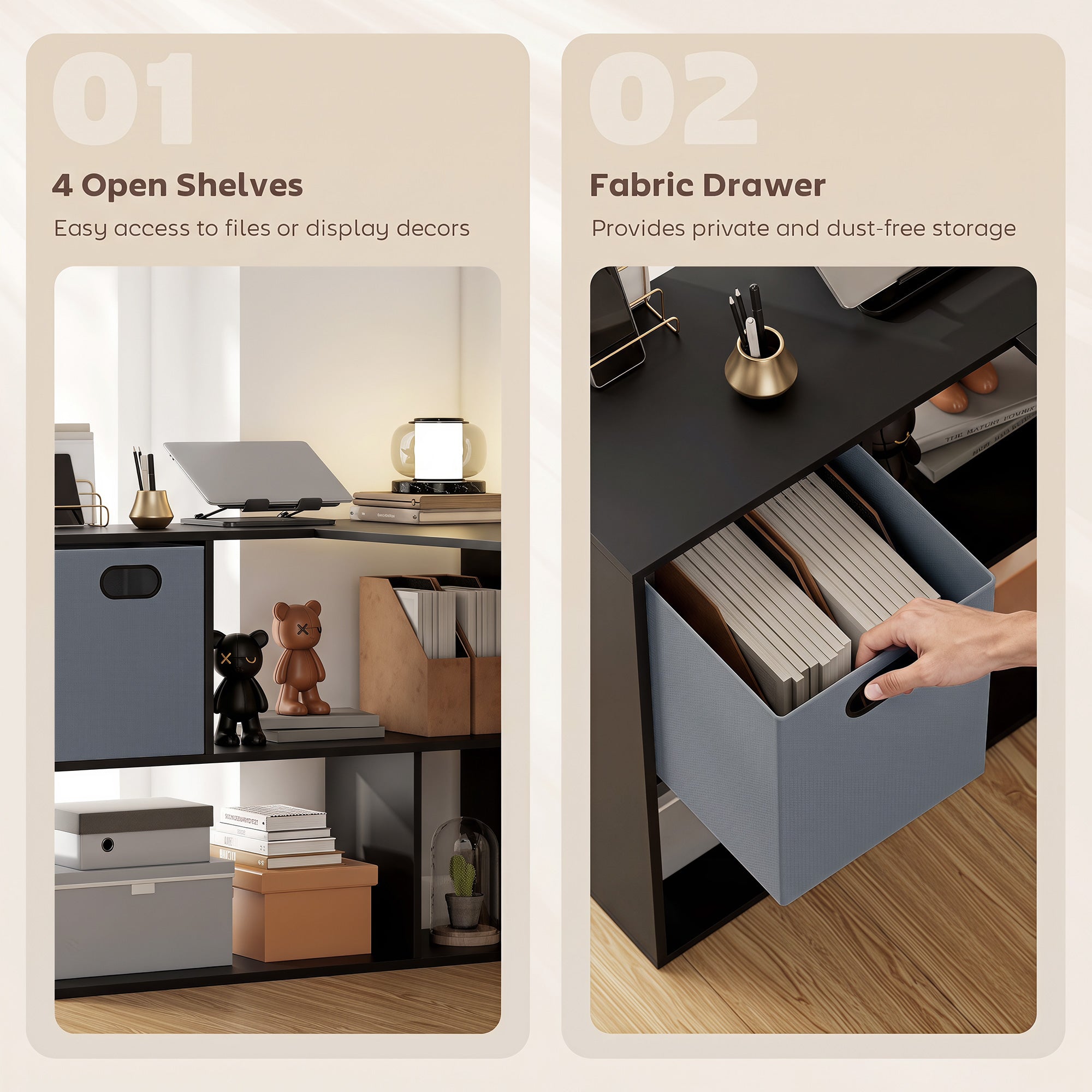 HOMCOM 110 cm L-Shaped Desk, Small Computer Desk with Fabric Drawer and Storage Shelves for Home Office, Study, Black