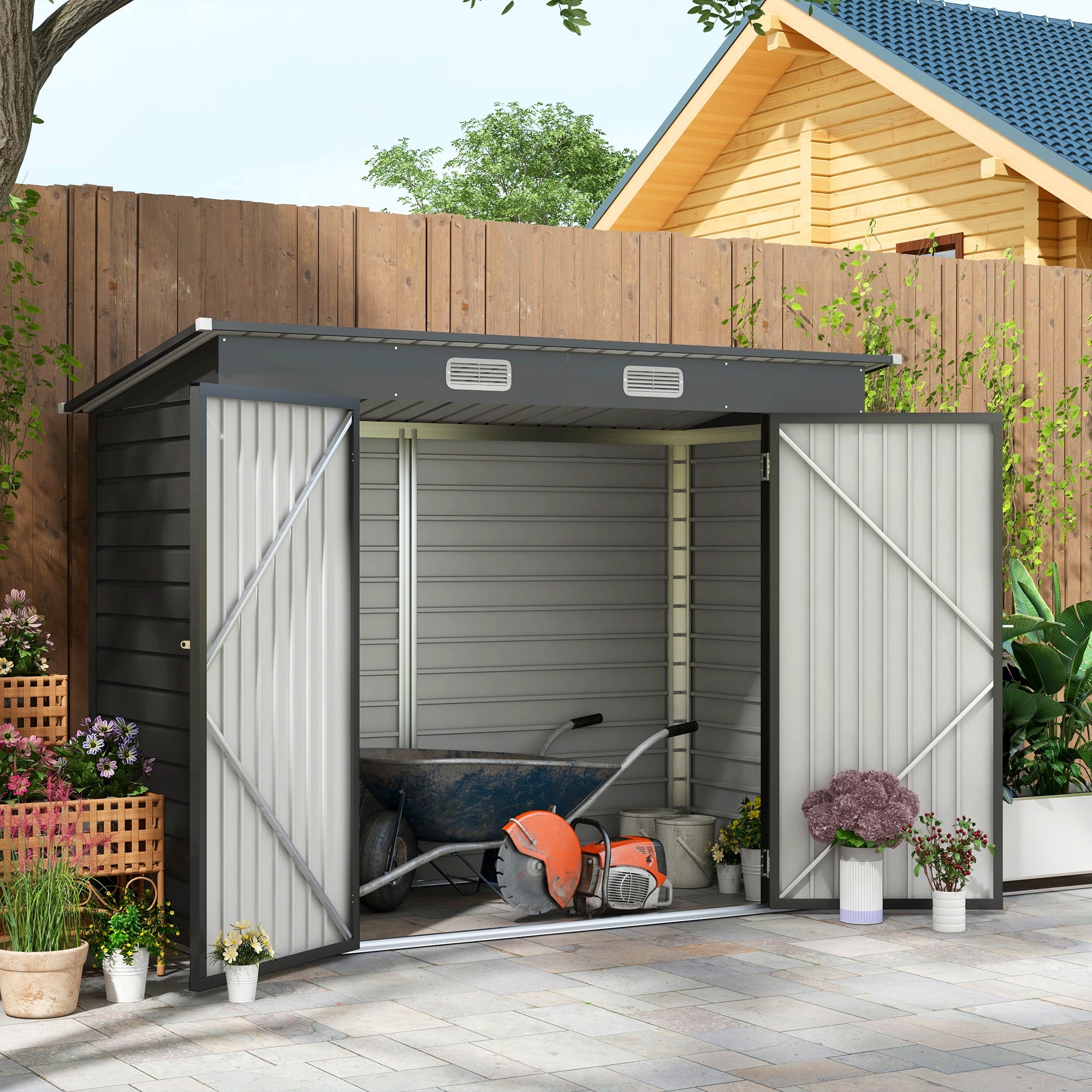 Outsunny 3.7 x 7.9ft Galvanised Steel Shed, with Latched Door and Padlock - Grey - North Peak Garden Furniture