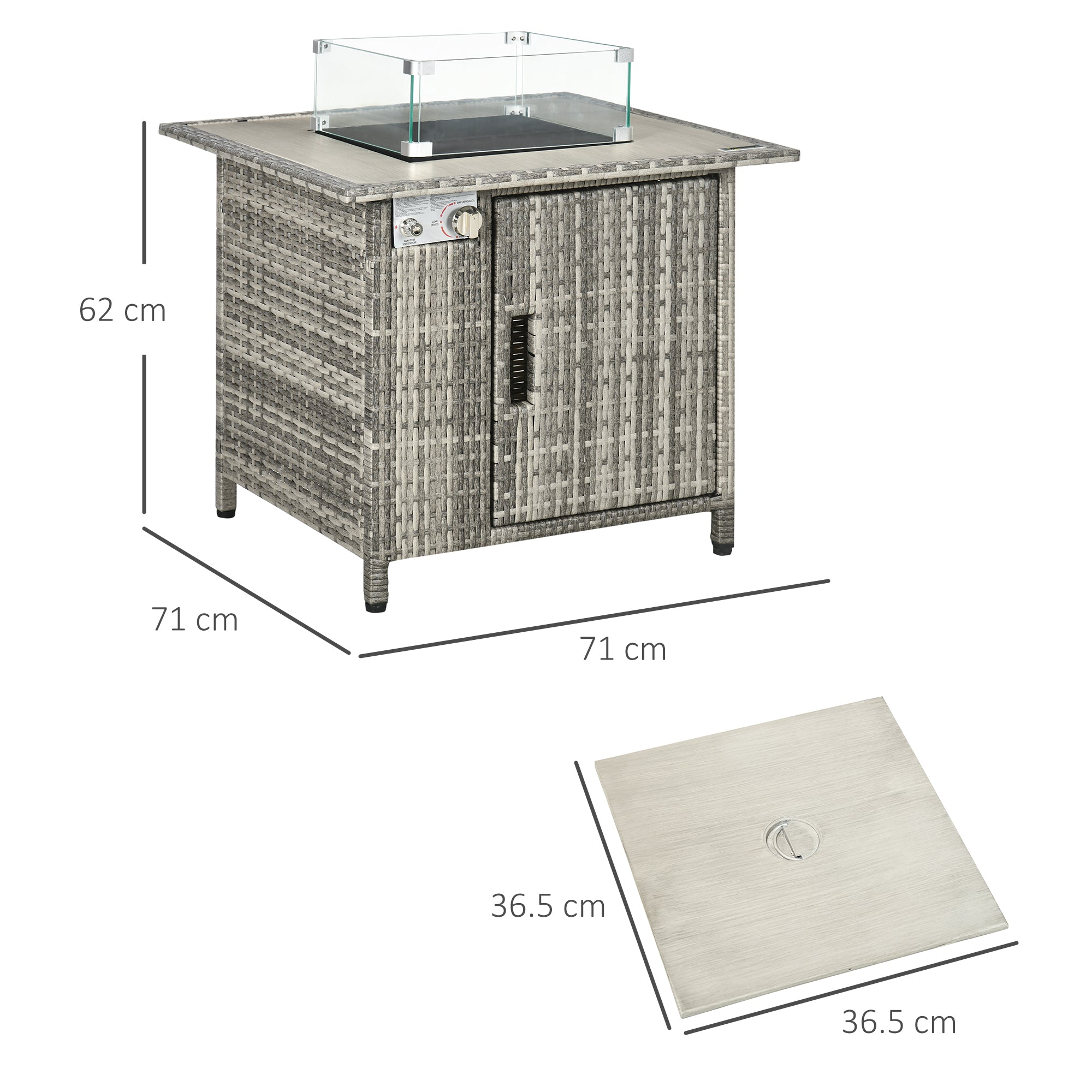 Outsunny Outdoor PE Rattan Gas Fire Pit Table, Patio Square Propane Heater with Rain Cover, Glass Windscreen, and Lava Stone, 50,000 BTU, Grey - North Peak Garden Furniture