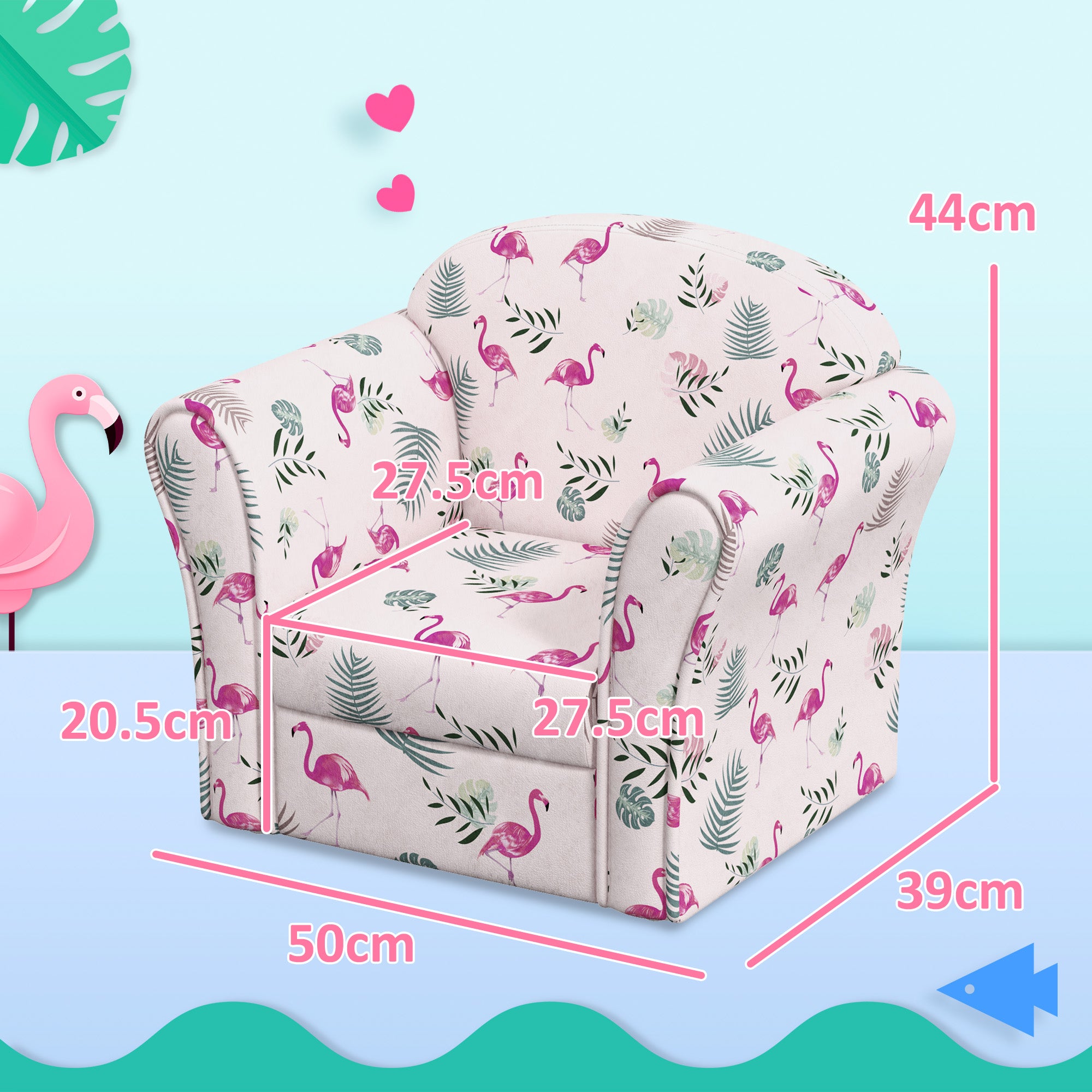AIYAPLAY Kids Armchair with Flamingo Design, Wooden Frame, for Bedroom, Playroom, Kids Room, Pink - North Peak Garden Furniture
