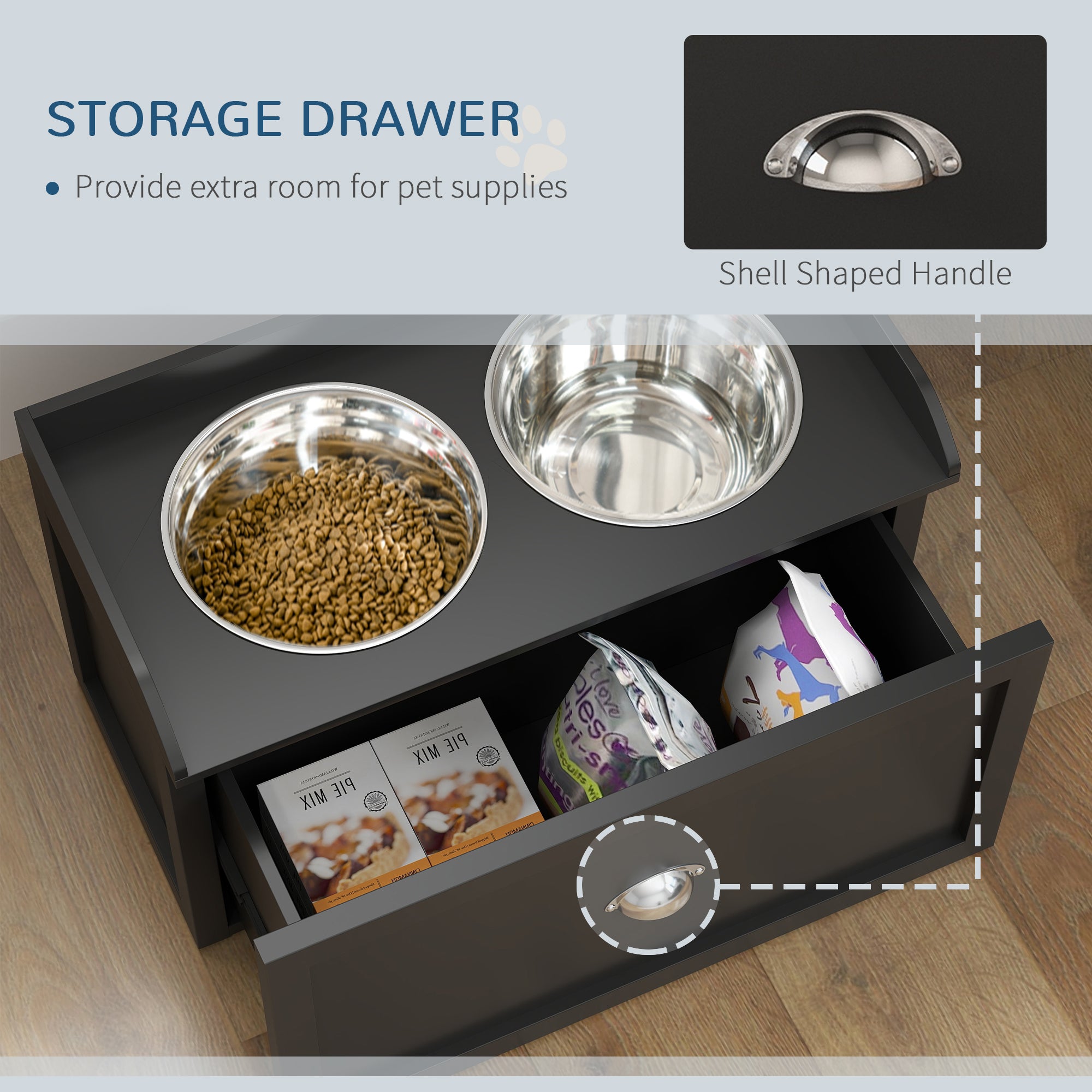 PawHut Stainless Steel Raised Dog Bowls, with 21L Storage Drawer for Large Dogs and Cats - Black