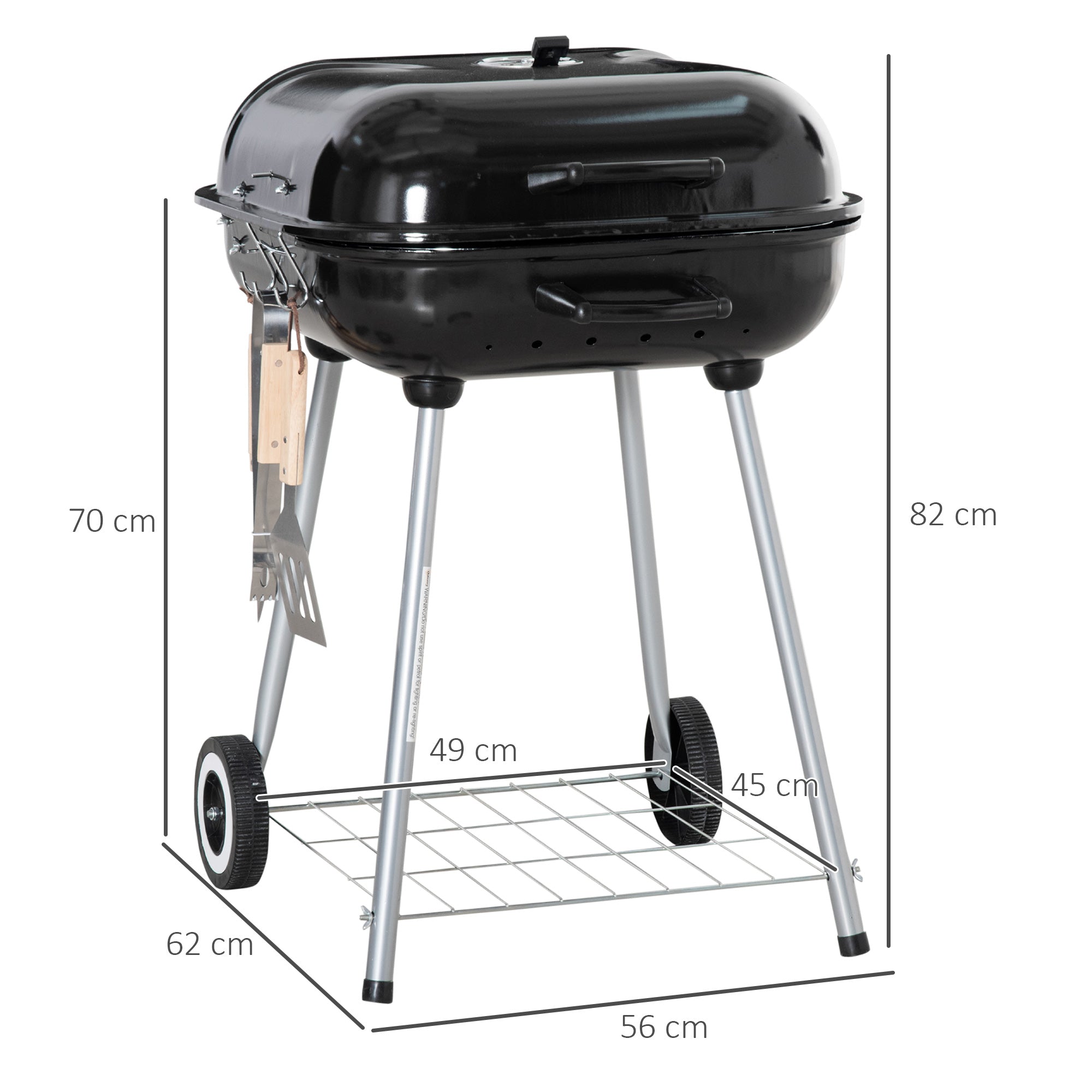 Outsunny Portable BBQ Charcoal Grill with 2 Wheels and Cooking Utensils, Smoker Grill with Lid for Outdoor Barbecues, Camping, Picnic, Courtyard - North Peak Garden Furniture