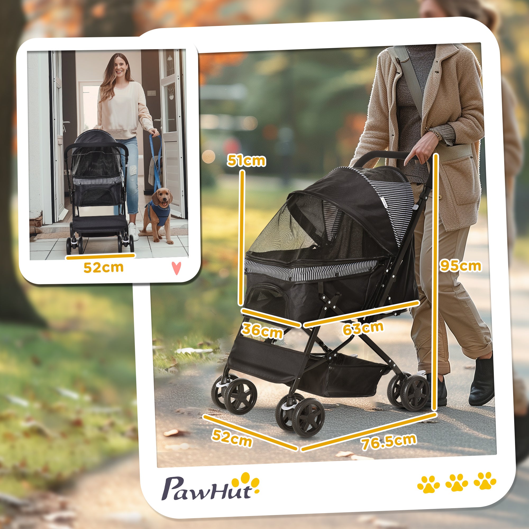PawHut Pet Stroller Pushchair Foldable Travel Dog Cat Carriage w/ Reversible Handle Brake Basket - North Peak Garden Furniture