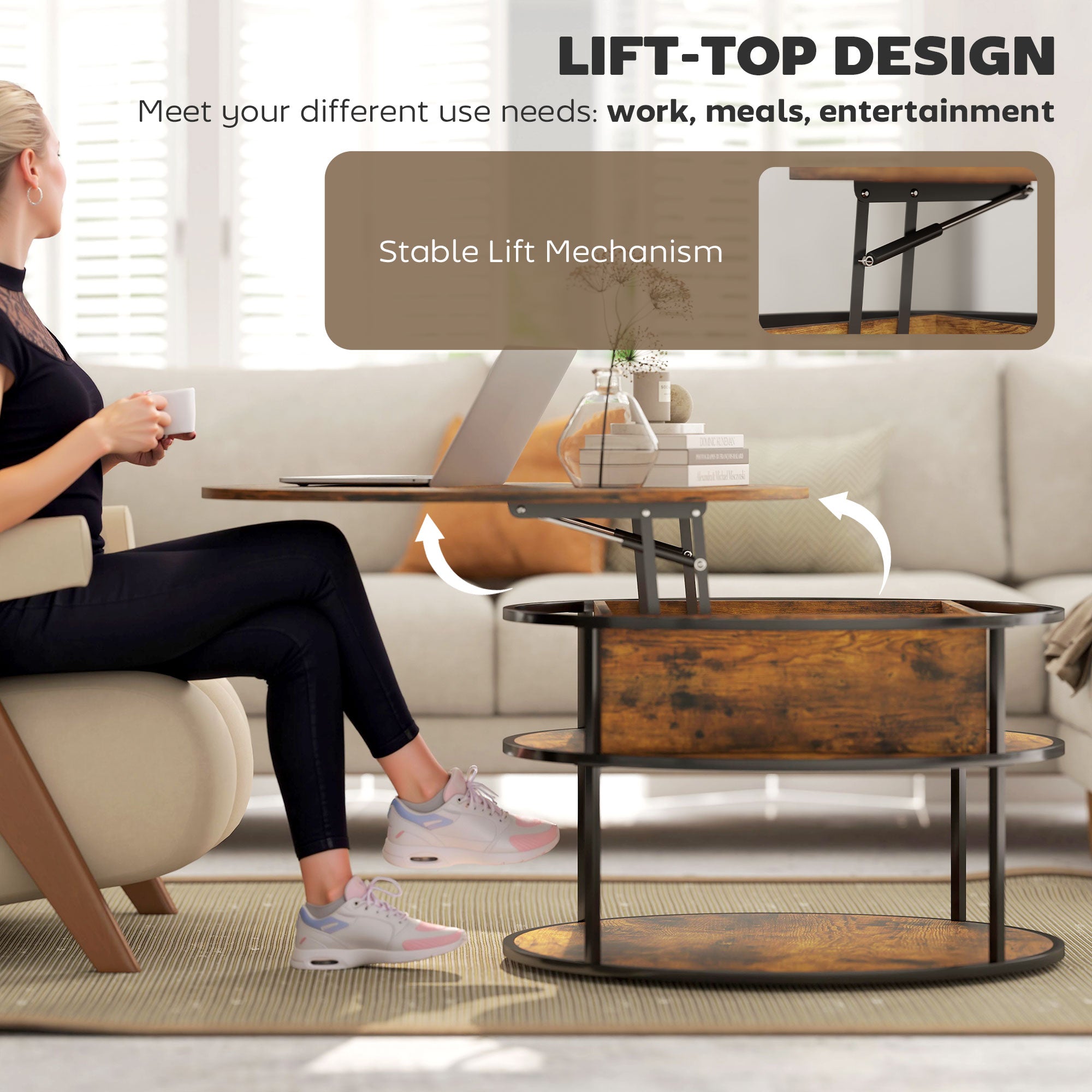 HOMCOM Lift Top Coffee Table, Round Coffee Table with Storage Shelf, Hidden Compartment and Steel Frame for Living Room, Home Office, Brown - North Peak Garden Furniture