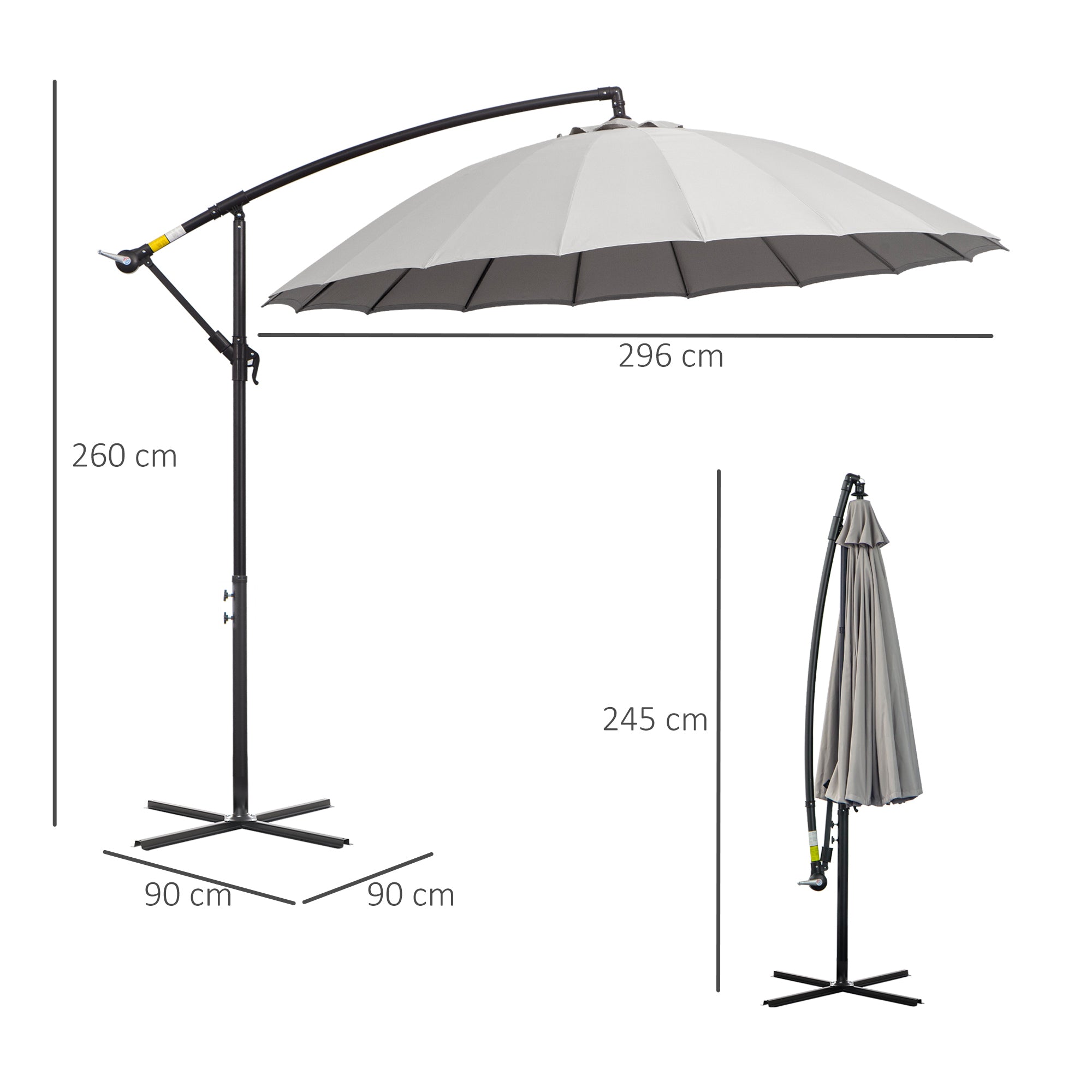 Outsunny 3(m) Cantilever Umbrella 18 Ribs & Vents Adjustable Angle for Patio Light Grey - North Peak Garden Furniture
