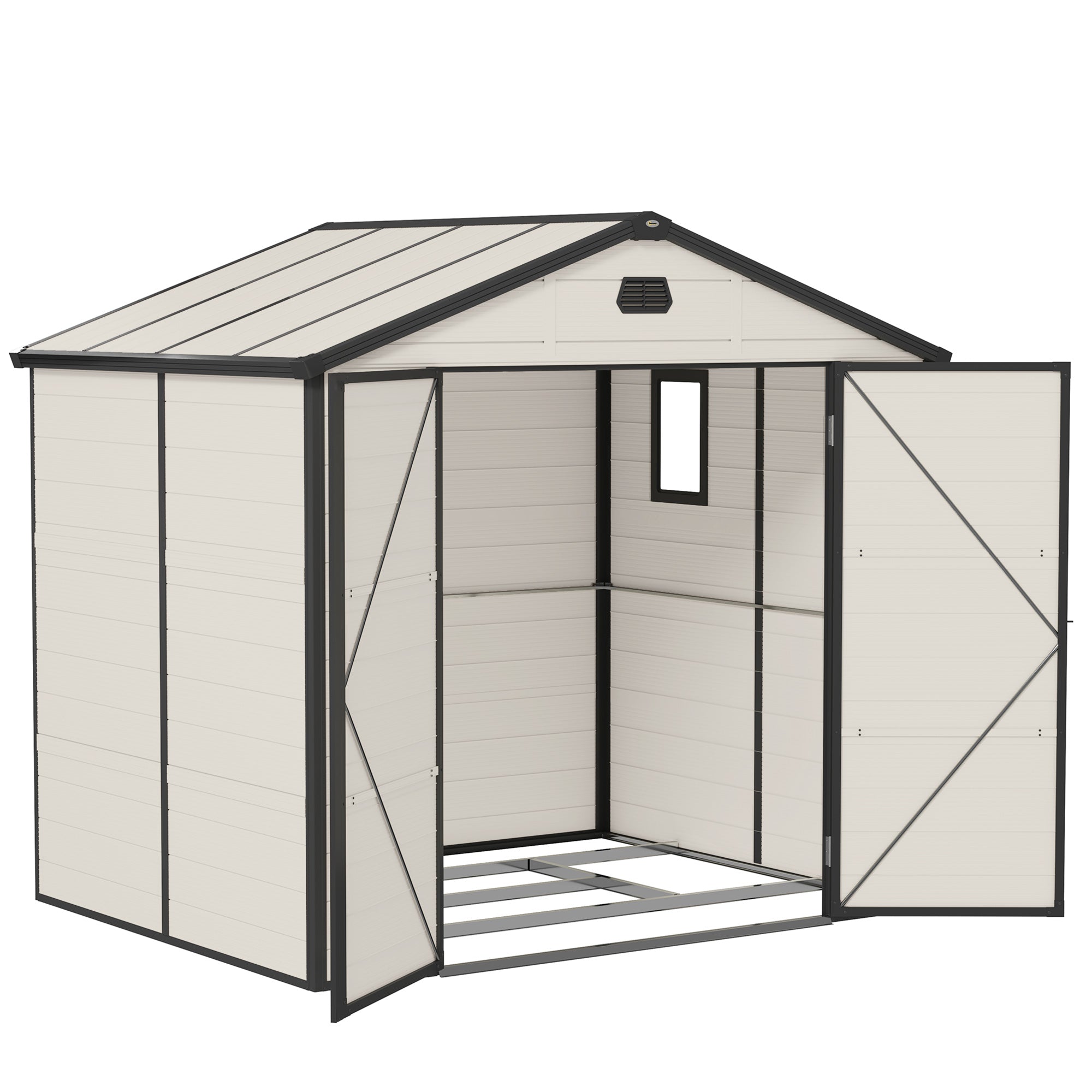 Outsunny 7.9ft x 6.2ft Aluminium Frame and Plastic Wall Shed, with Foundation - Cream White - North Peak Garden Furniture
