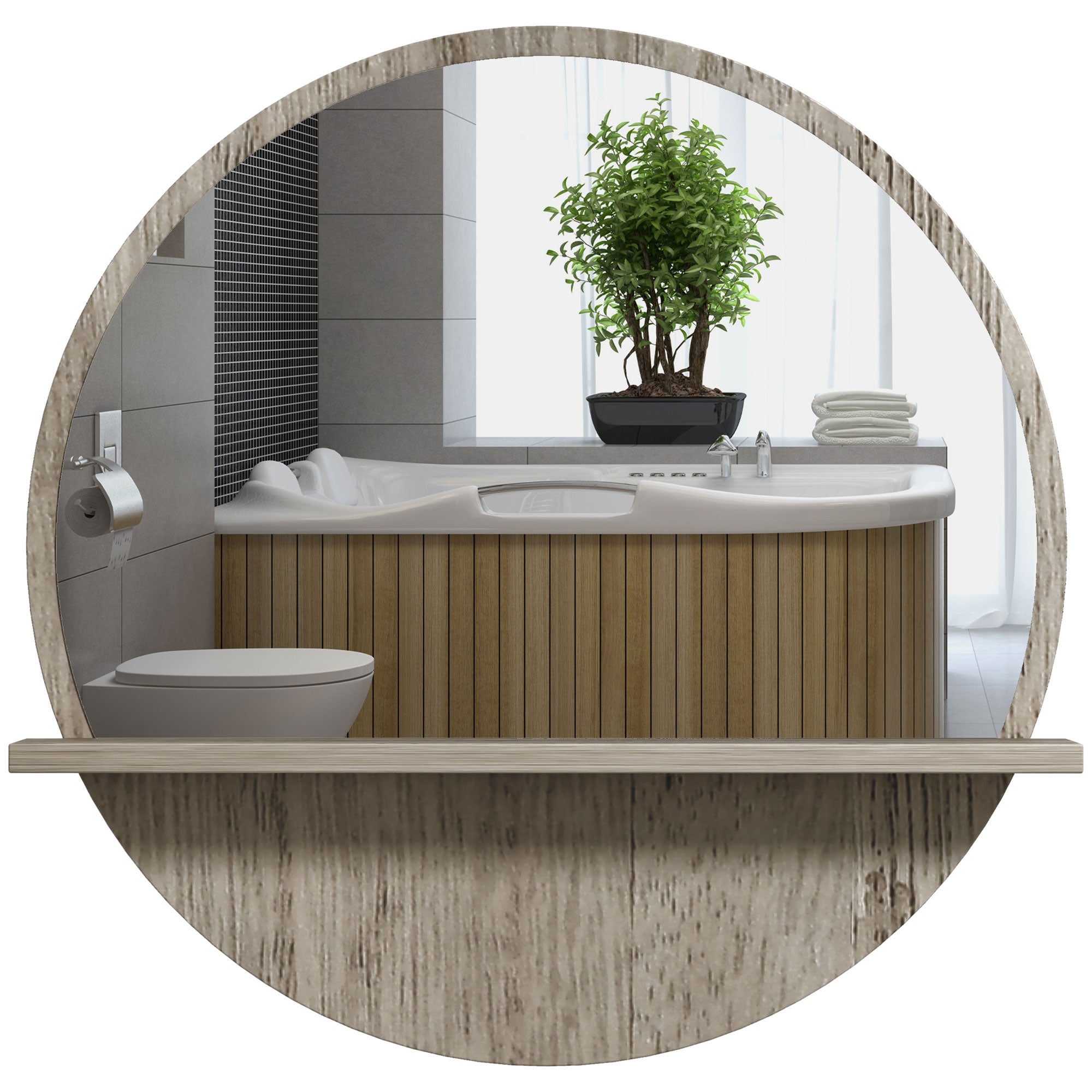 kleankin 45cm Round Home Mirror, with Shelf - Grey Wood-Effect - North Peak Garden Furniture