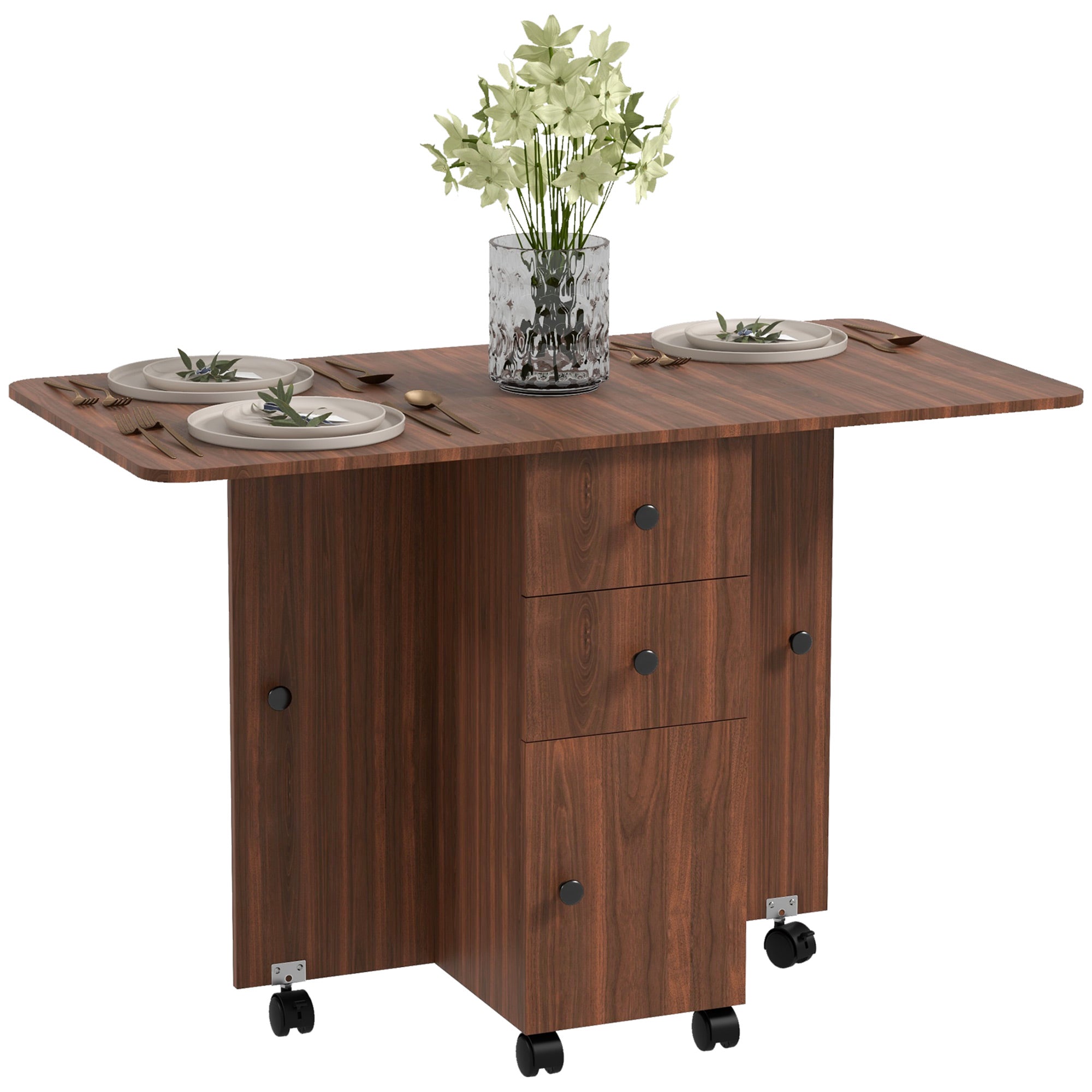 HOMCOM Multi-Storage Six-Person Drop Leaf Dining Table -  Distressed Brown