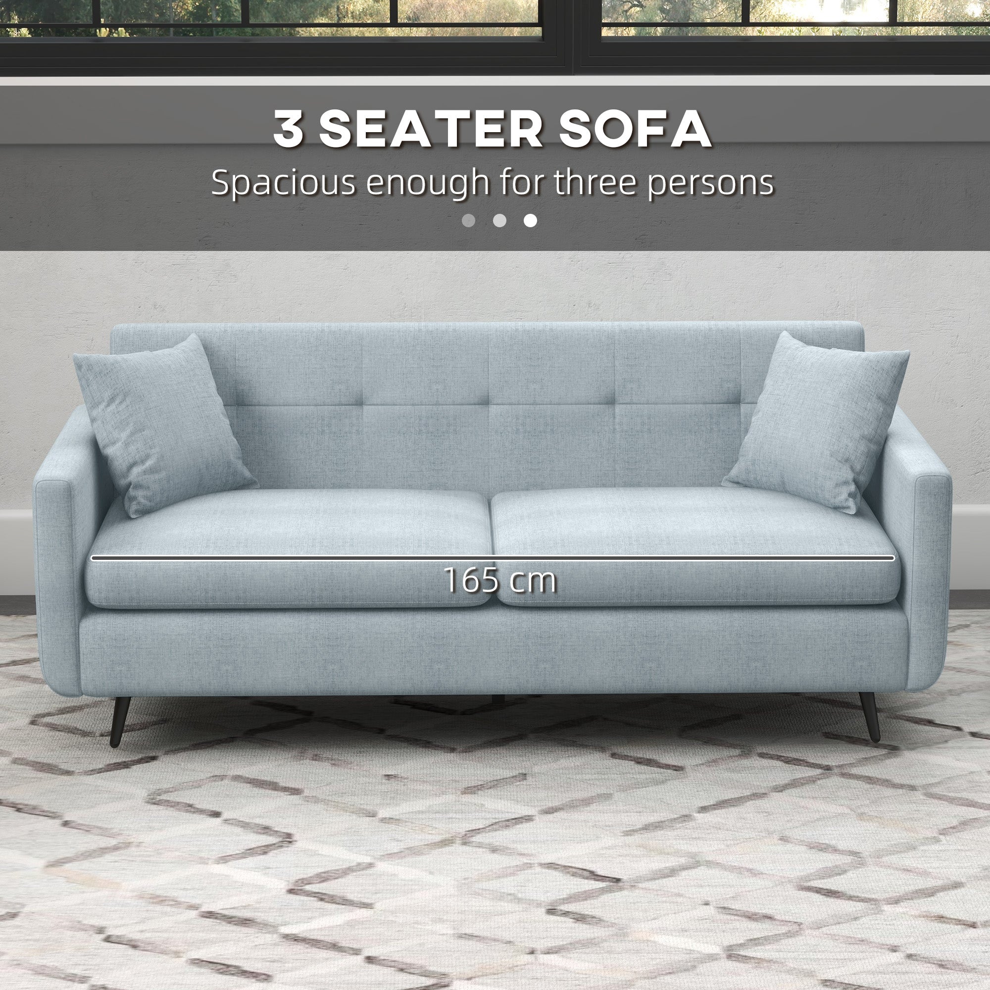 HOMCOM 165cm 2 Seater Sofa for Living Room, Modern Fabric Couch, Tufted Loveseat Sofa Settee with Steel Legs and 2 Storage Pockets for Bedroom and Home Office, Blue - North Peak Garden Furniture