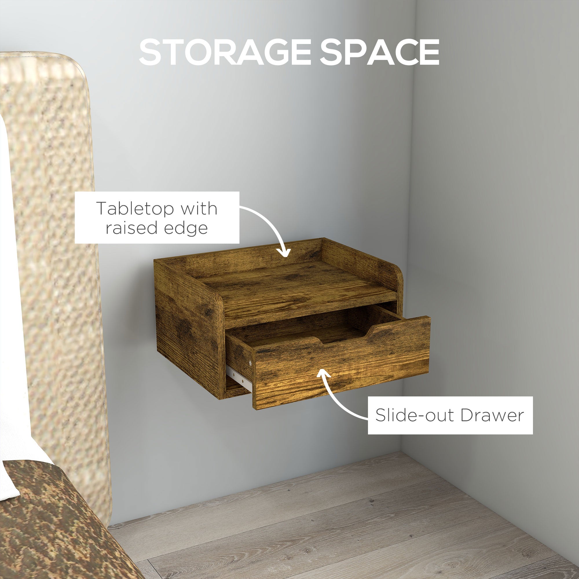 HOMCOM Floating Nightstand Set of 2 Wall Mounted Bedside Table with Storage Drawer for Bedroom, Rustic Brown - North Peak Garden Furniture