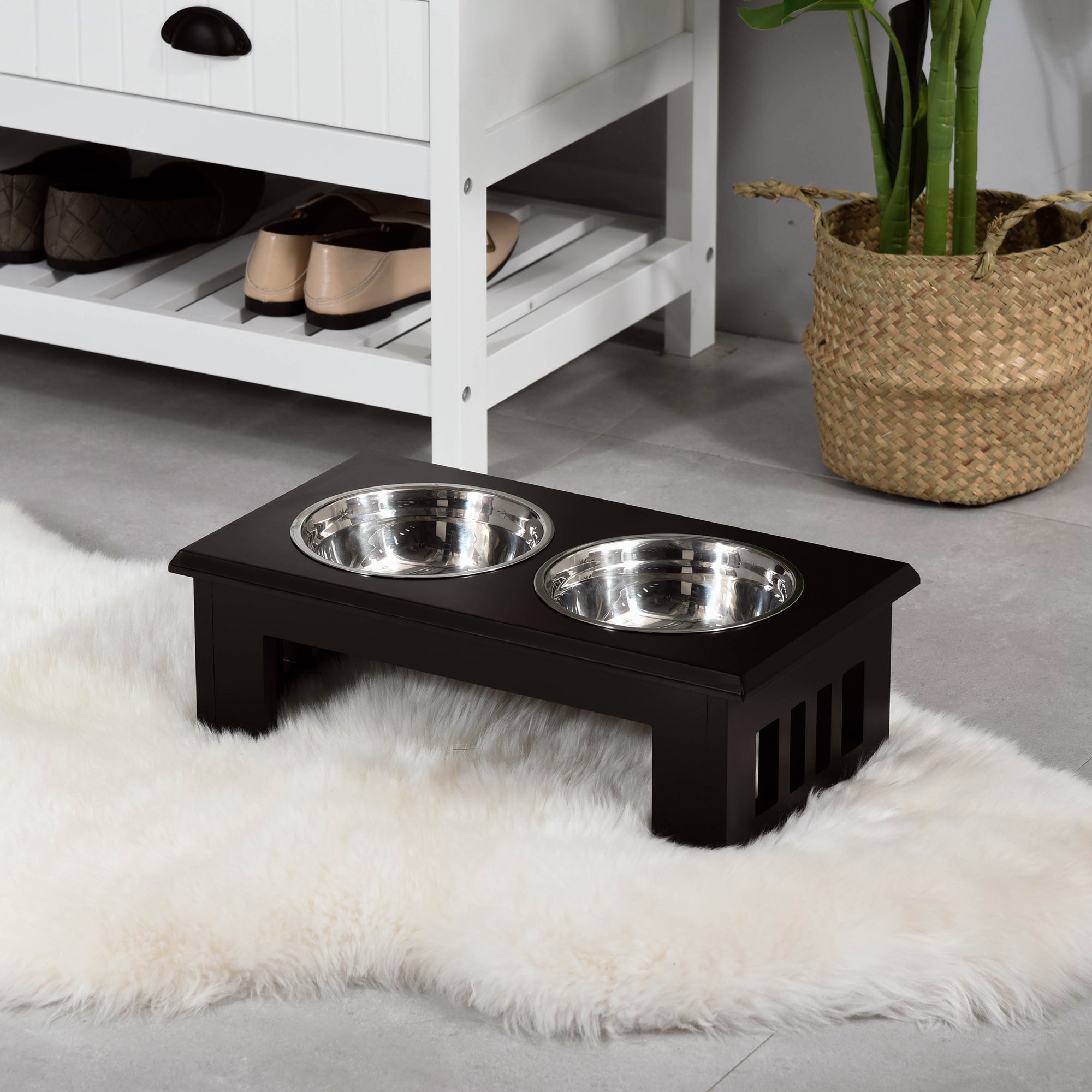 PawHut Raised Dog Feeding Bowls with Stand, Stainless Steel for Small and Medium Dog, 58L x 31W x 25H cm - Brown - North Peak Garden Furniture
