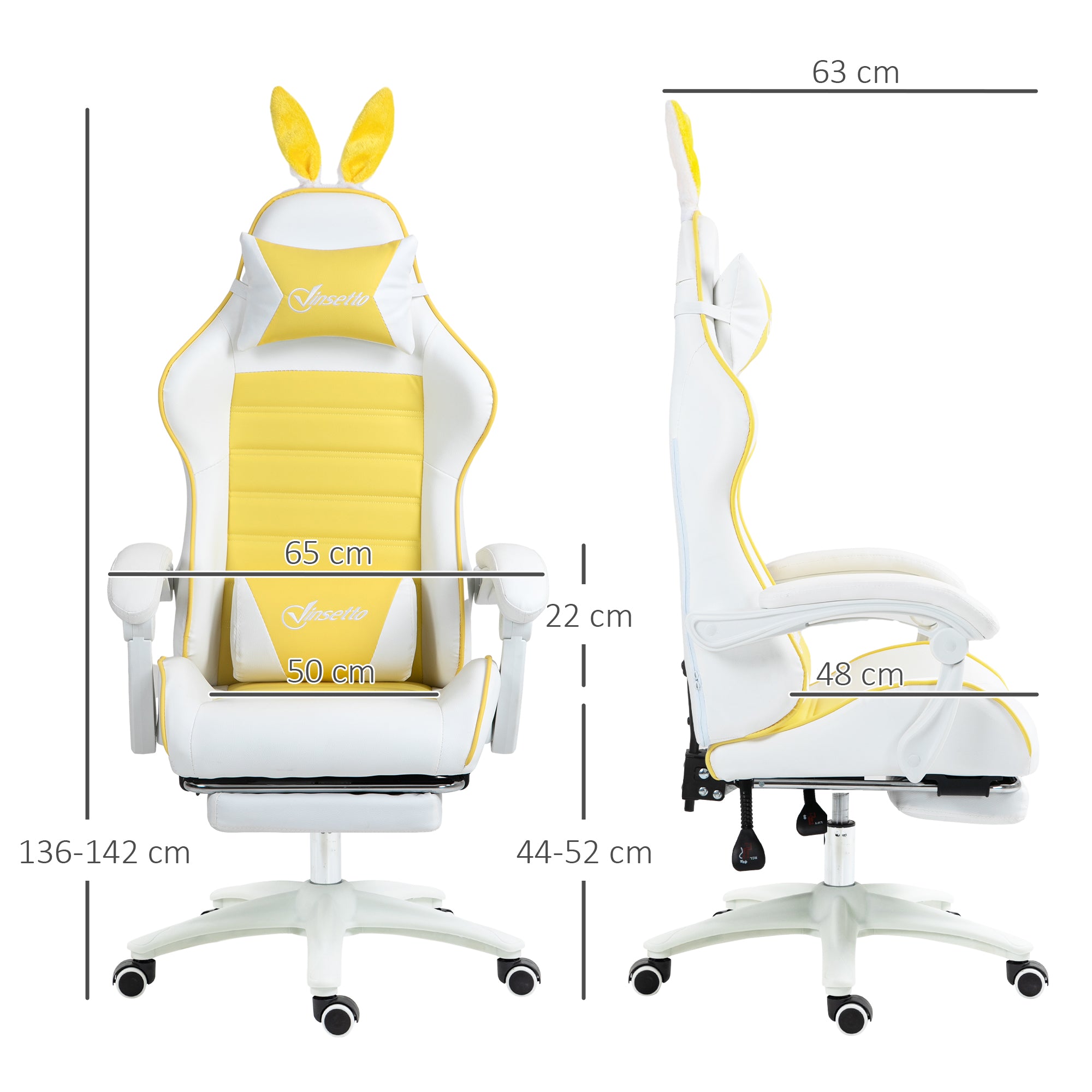Vinsetto Racing Gaming Chair, Reclining PU Leather Computer Chair with Removable Rabbit Ears, Footrest, Headrest and Lumber Support, Yellow - North Peak Garden Furniture