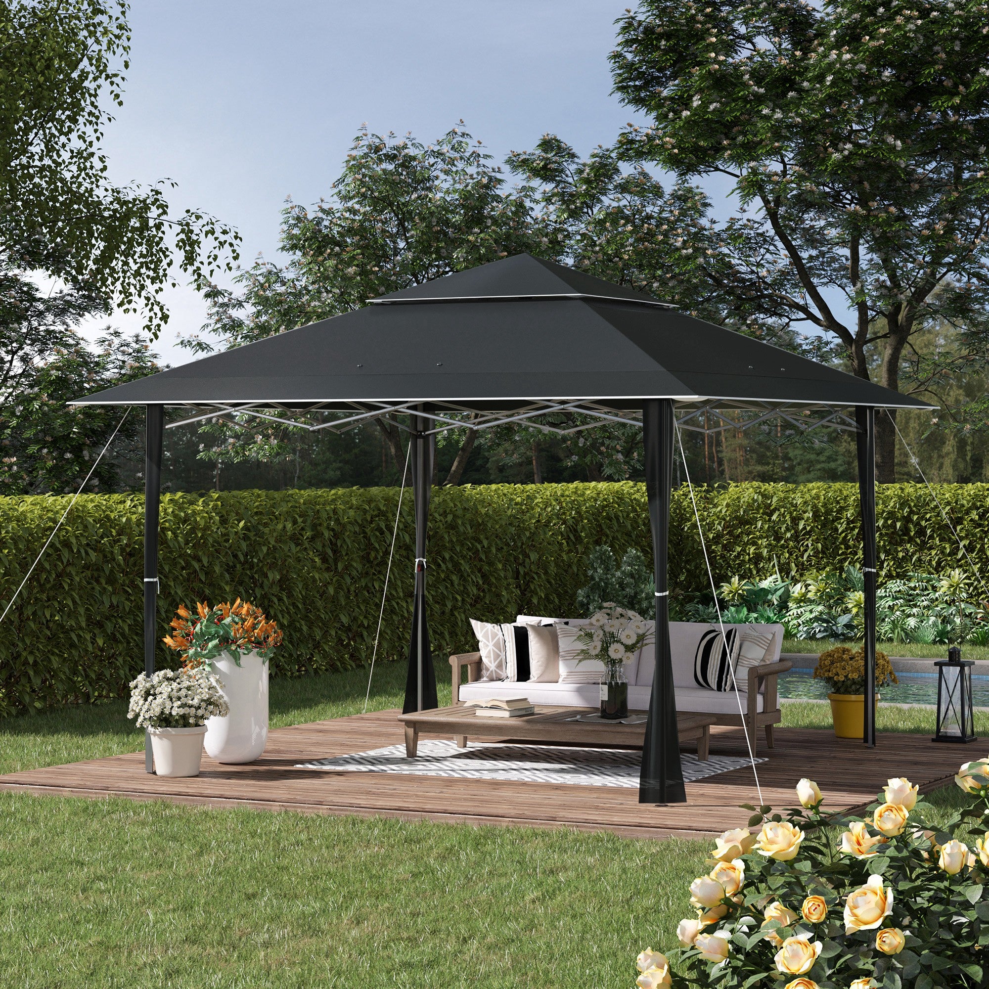 Outsunny 4 x 4m Pop-up Gazebo Double Roof Canopy Tent with UV Proof, Roller Bag & Adjustable Legs Outdoor Party, Steel Frame, Dark Grey