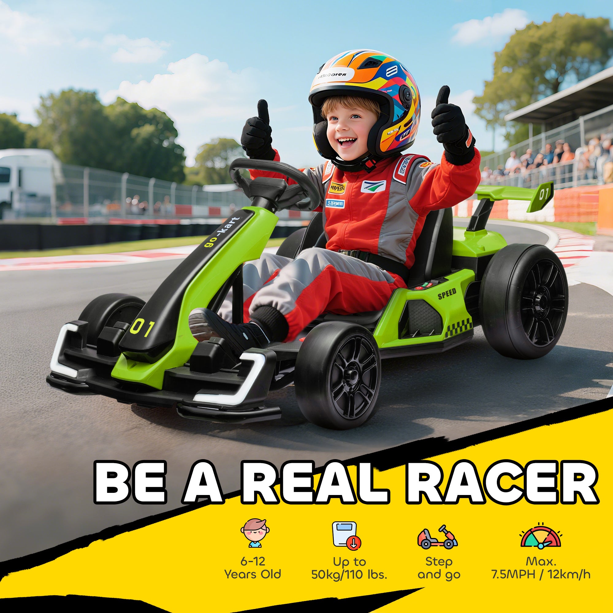 HOMCOM 24V Electric Go Kart for Kids with Adjustable Seat for 6-12 Years, Green - North Peak Garden Furniture