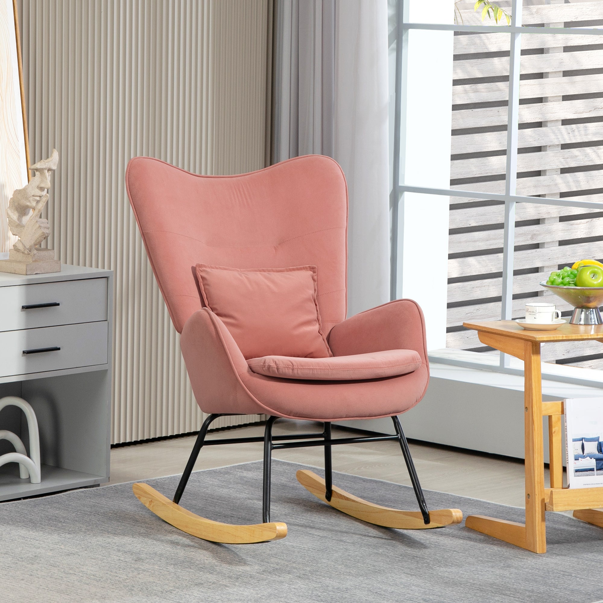HOMCOM Velvet Rocking Chair Armchair with Lumbar Pillow, Metal Legs and Wood Base for Living Room, Bedroom, Pink - North Peak Garden Furniture