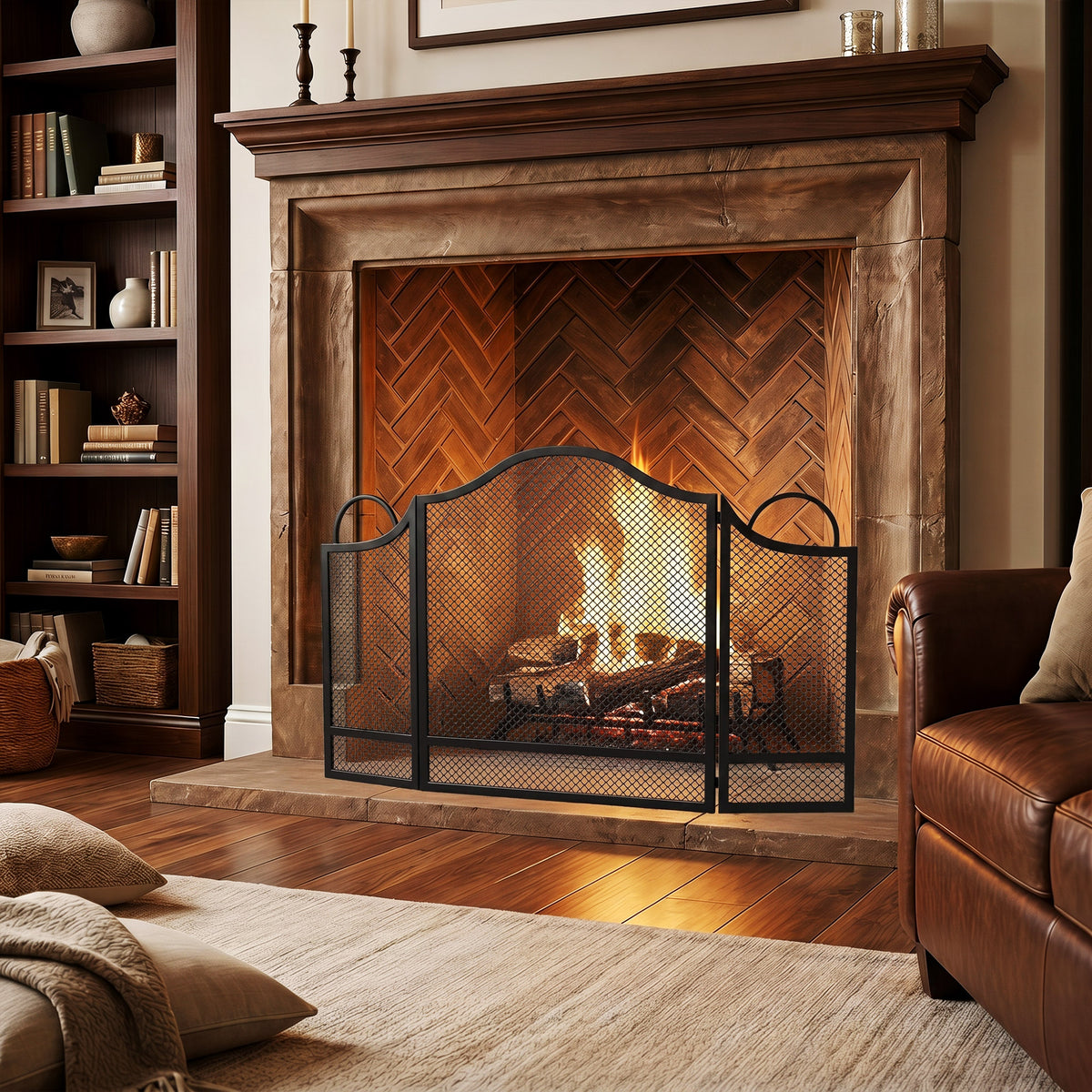 HOMCOM Floral 3-Panel Folding Fireplace Screen for Hearth Protection, Heat-Resistant Metal Fire Spark Guard, Black