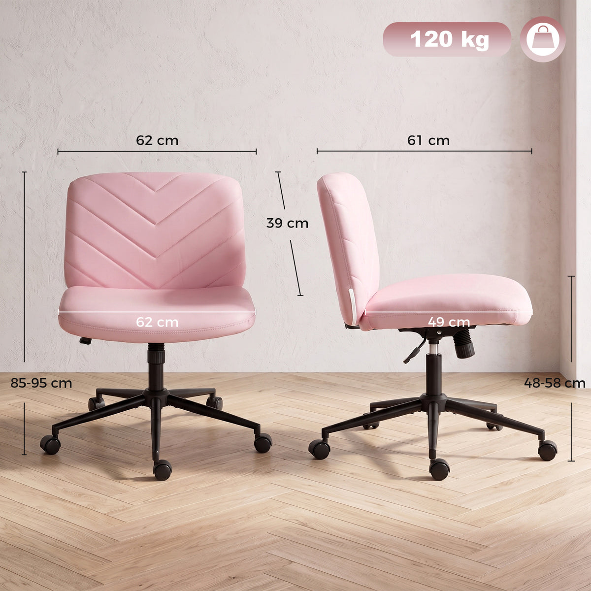 HOMCOM Home Office Desk Chair Height Adjustable Swivel Chair Cross Legged Wide Seat Swivel Wheels Pink