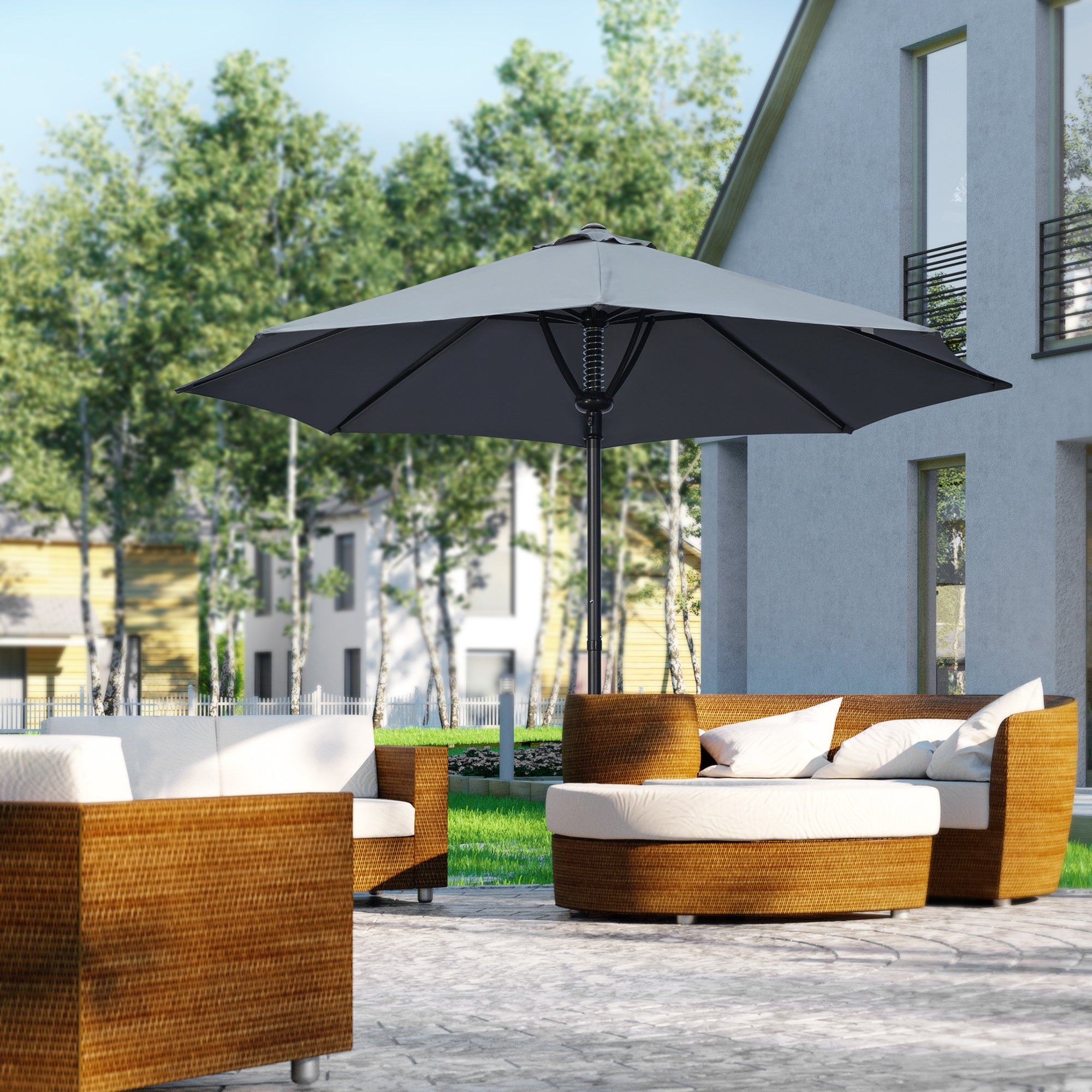 Outsunny Garden 3(m) Parasol Umbrella, Outdoor Market Table Umbrella Sun Shade Canopy with 8 Ribs, Easy Push to Open, Grey - North Peak Garden Furniture