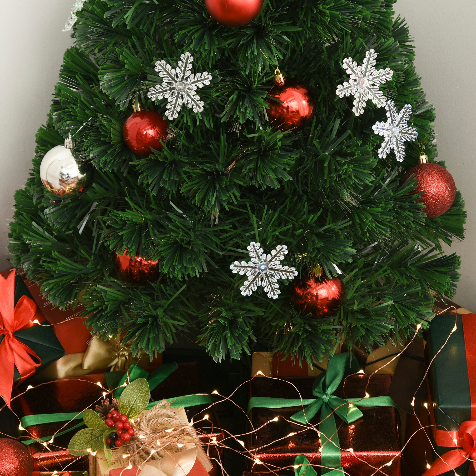 HOMCOM 3FT Green Fibre Optic Artificial Christmas Tree Xmas Colourful LED Scattered Tree with Snowflakes Ornaments Fireproofing - North Peak Garden Furniture