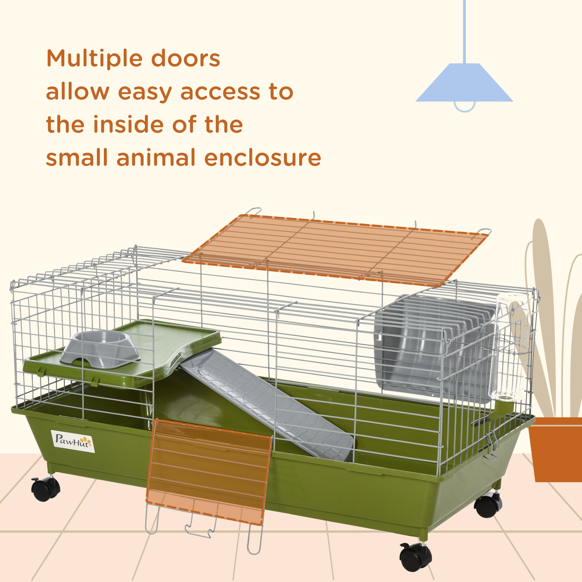PawHut Small Animal Cage Rabbit Guinea Pigs Chinchillas Cage w/ Wheels Water Bottle Food Dish Platform Ramp 89 x 44 x 43 cm Green - North Peak Garden Furniture
