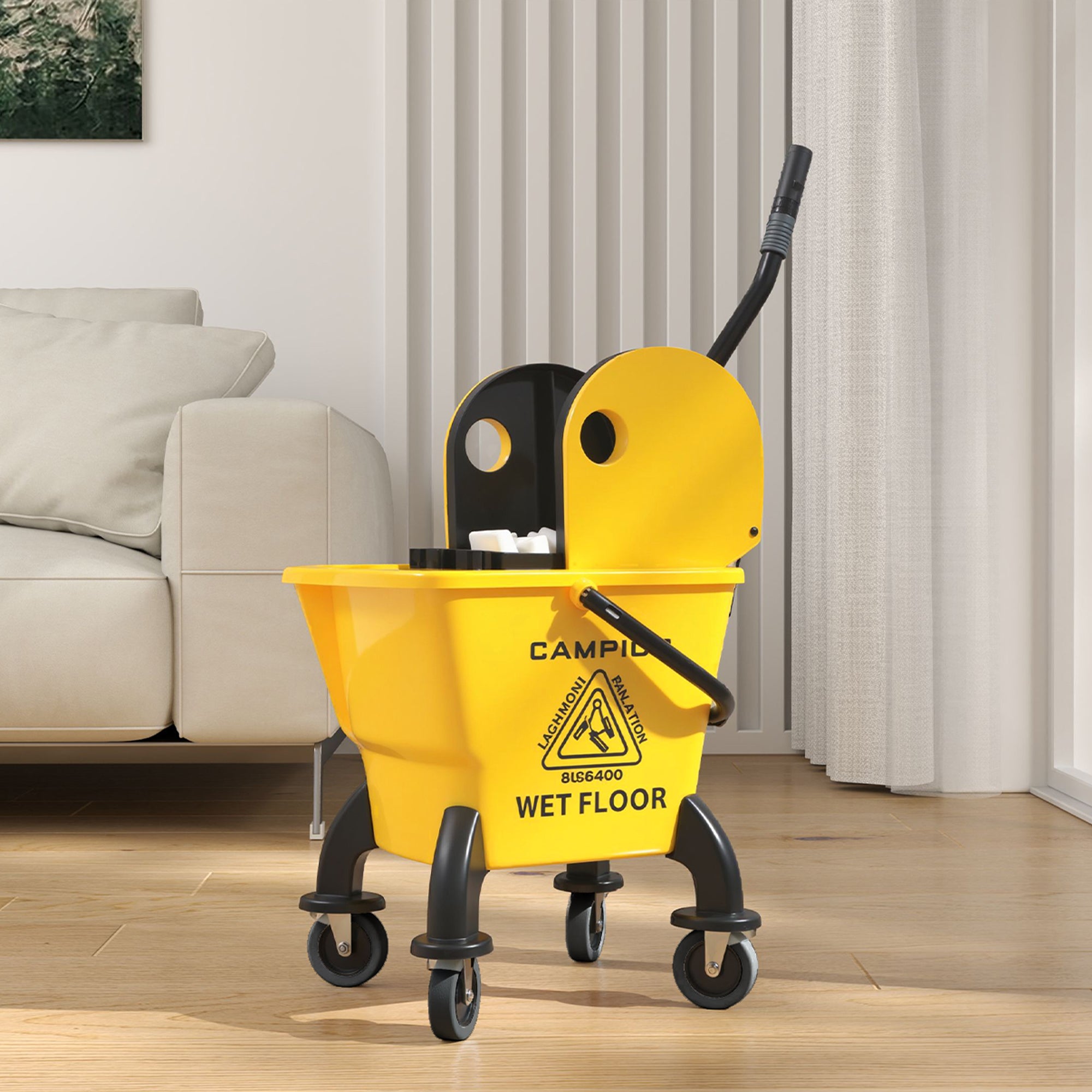 HOMCOM 26 Litre Mop Bucket, with Wringer and Mop - Yellow - North Peak Garden Furniture