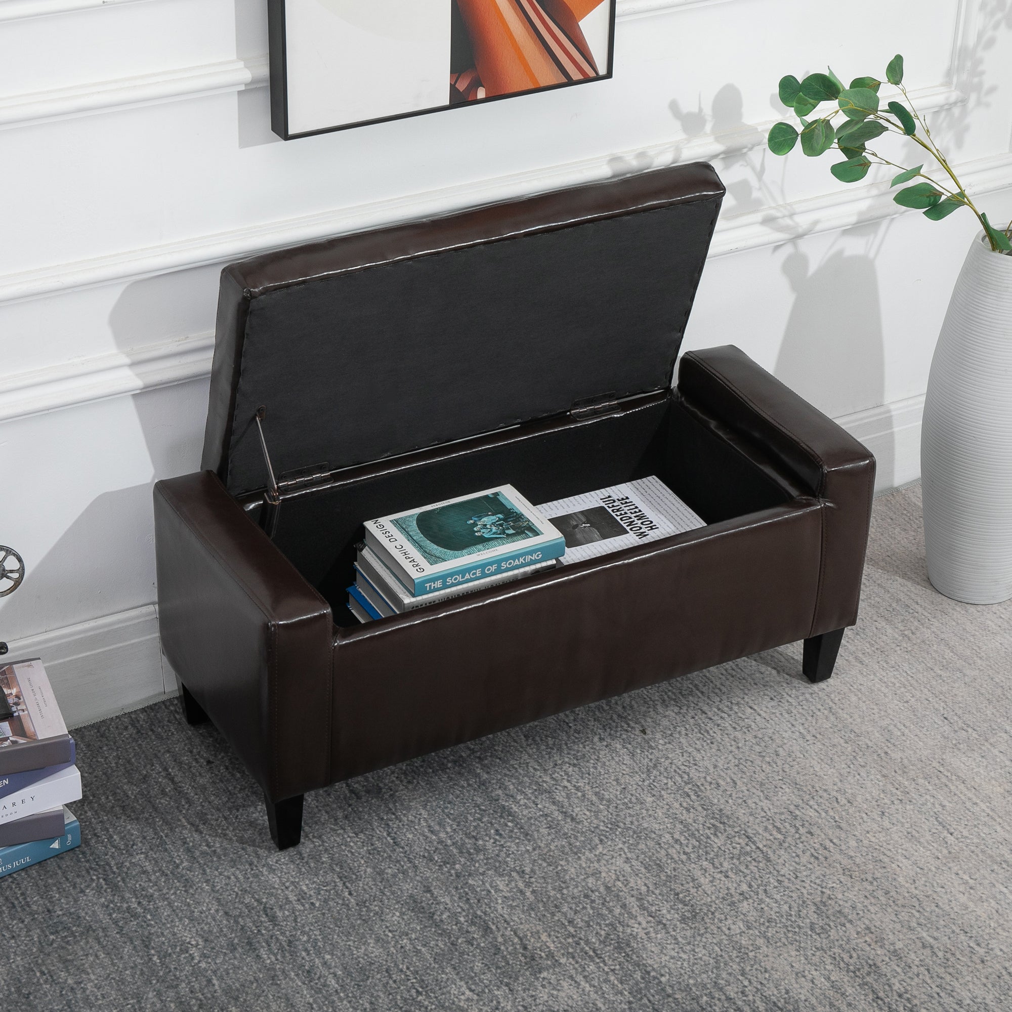 HOMCOM PU Leather Storage Ottoman Bench Storage Chest Tufted Ottoman Cube w/ Flipping Top 92L x 40W x 40H cm Brown